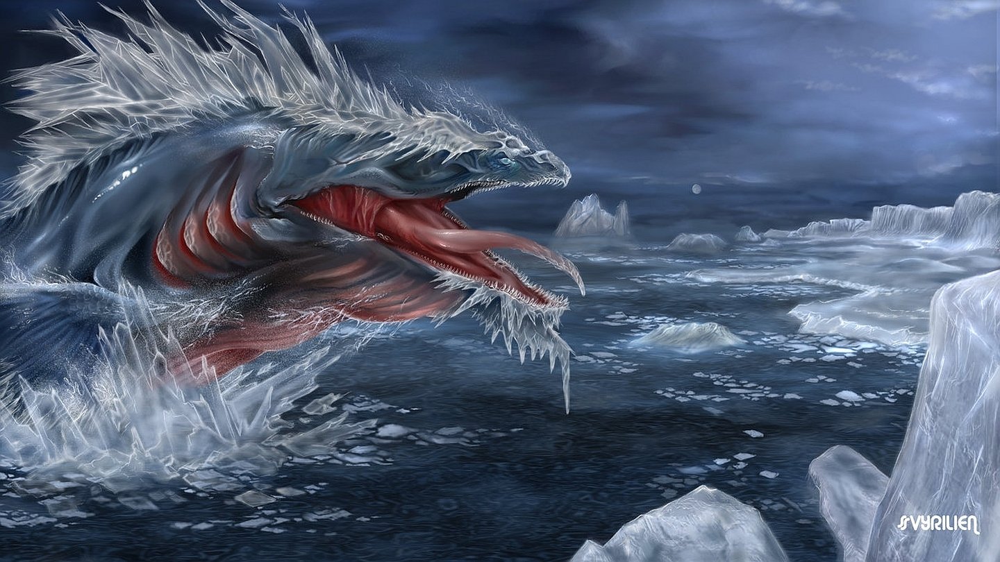 A fierce fantasy sea monster emerges from icy waters, its sharp teeth and frosty scales glistening under a stormy sky.