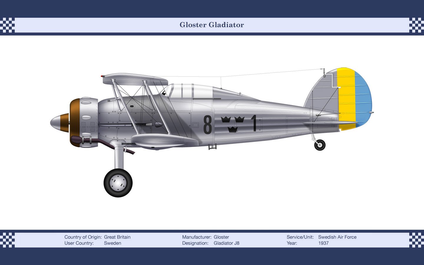 Side-profile illustration of a silver military Gloster Gladiator biplane with radial engine, fixed landing gear and a blue-yellow tail marking.