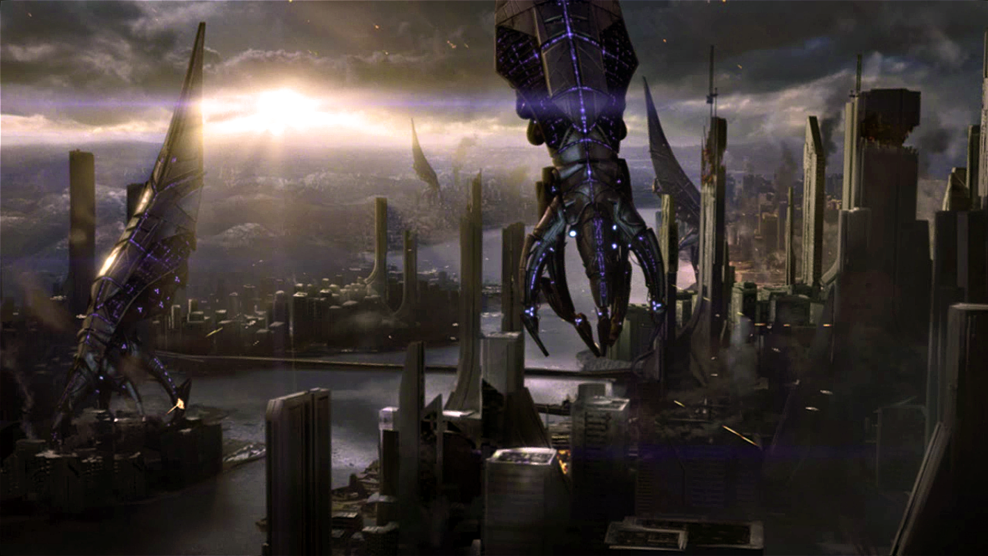 Dark, futuristic cityscape under a stormy sky in Mass Effect 3, featuring towering Reaper machines looming over skyscrapers near a waterfront.