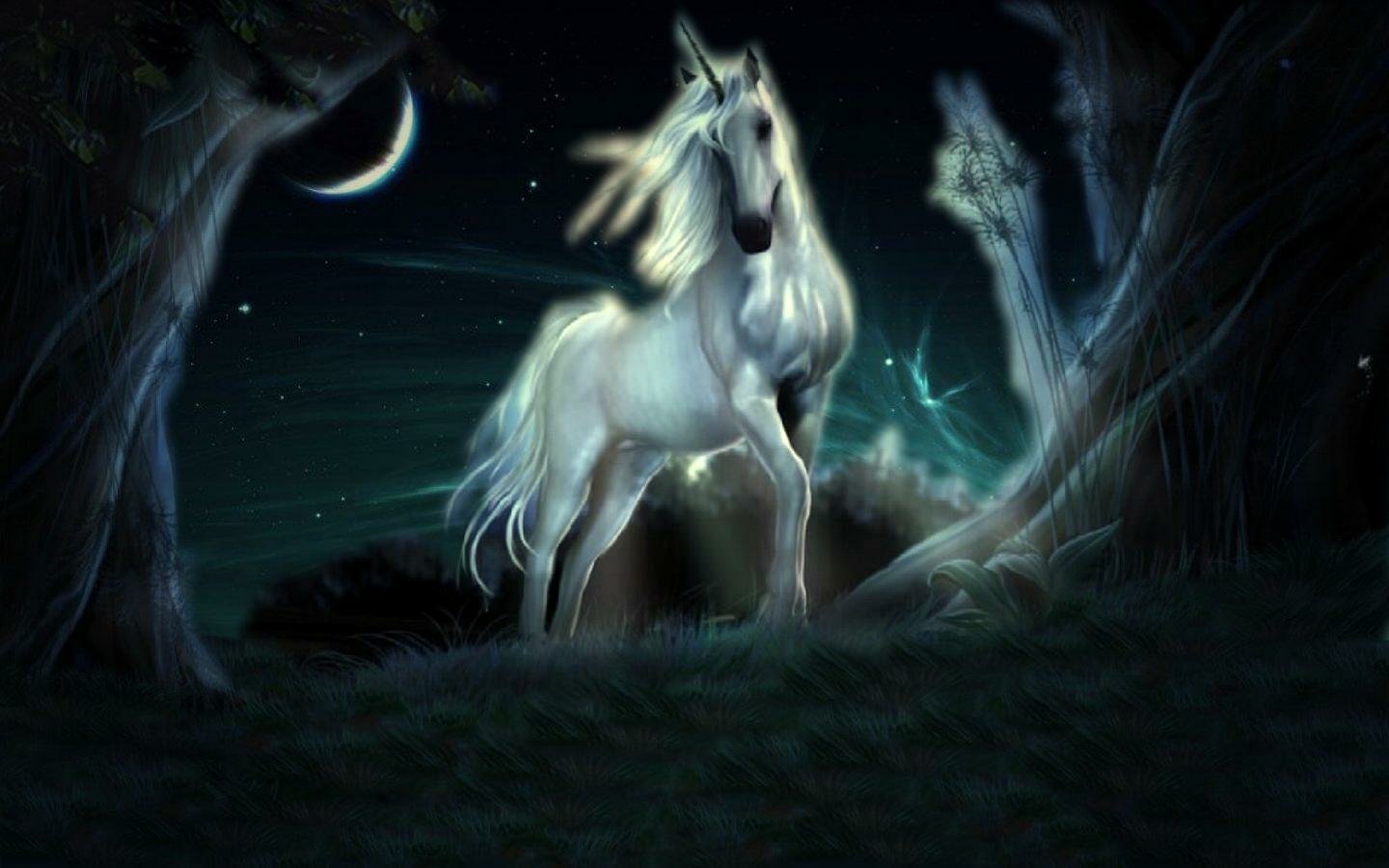 A mystical unicorn stands elegantly in a dark forest, illuminated by moonlight, surrounded by ethereal shadows and a serene night sky.