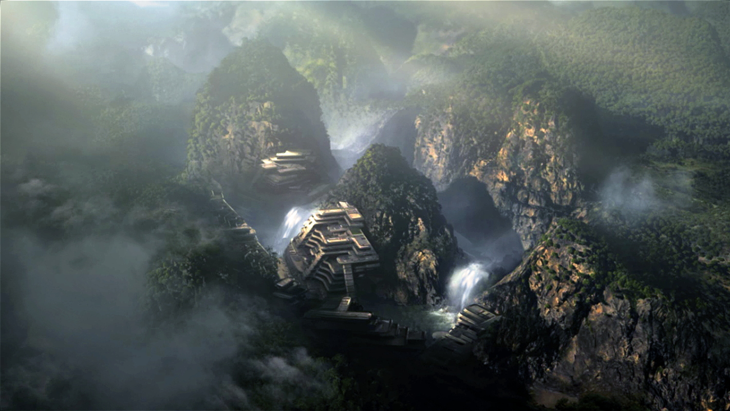 A foggy, mountainous landscape from the video game Mass Effect, featuring a futuristic structure nestled between rocky cliffs and cascading waterfalls.