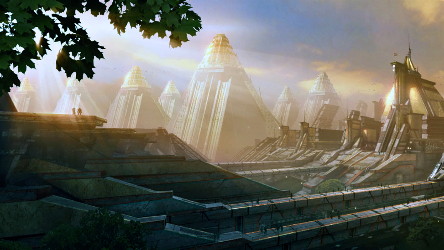 Ancient pyramid-like structures bathed in soft sunlight, set against a clear sky, depicted in a scene from the video game Mass Effect.