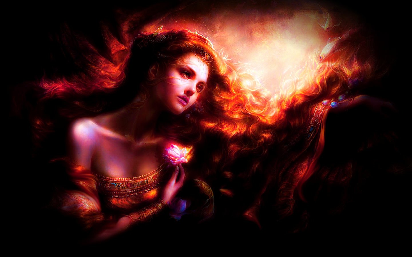A fantasy-themed image of a woman with flowing red hair, holding a glowing pink flower against a dark, fiery background.