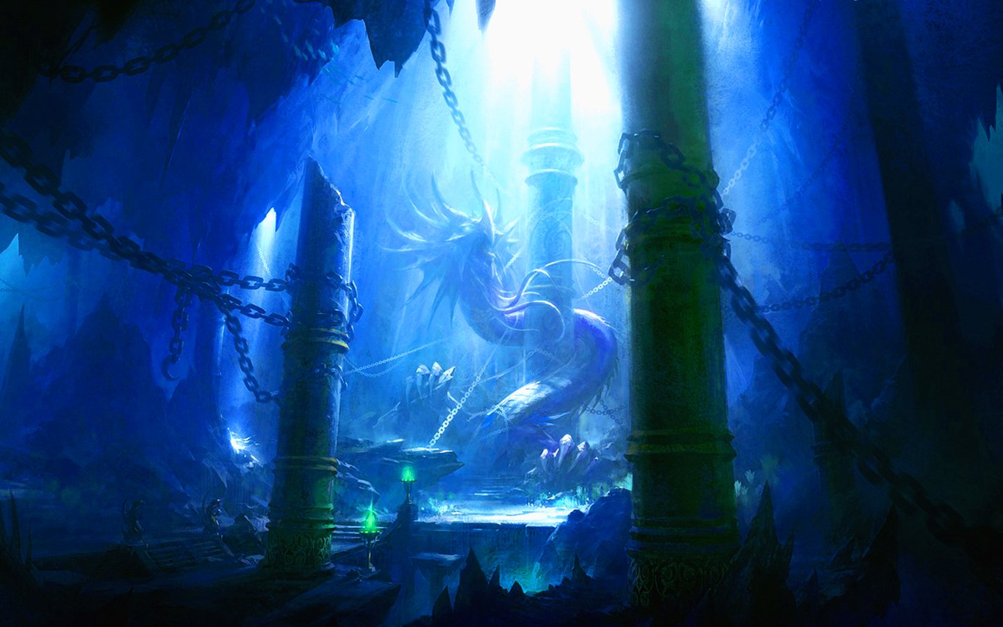 A majestic dragon coils around ancient stone pillars in a mystical cavern, illuminated by ethereal blue light and surrounded by heavy chains, evoking a sense of fantasy and adventure.