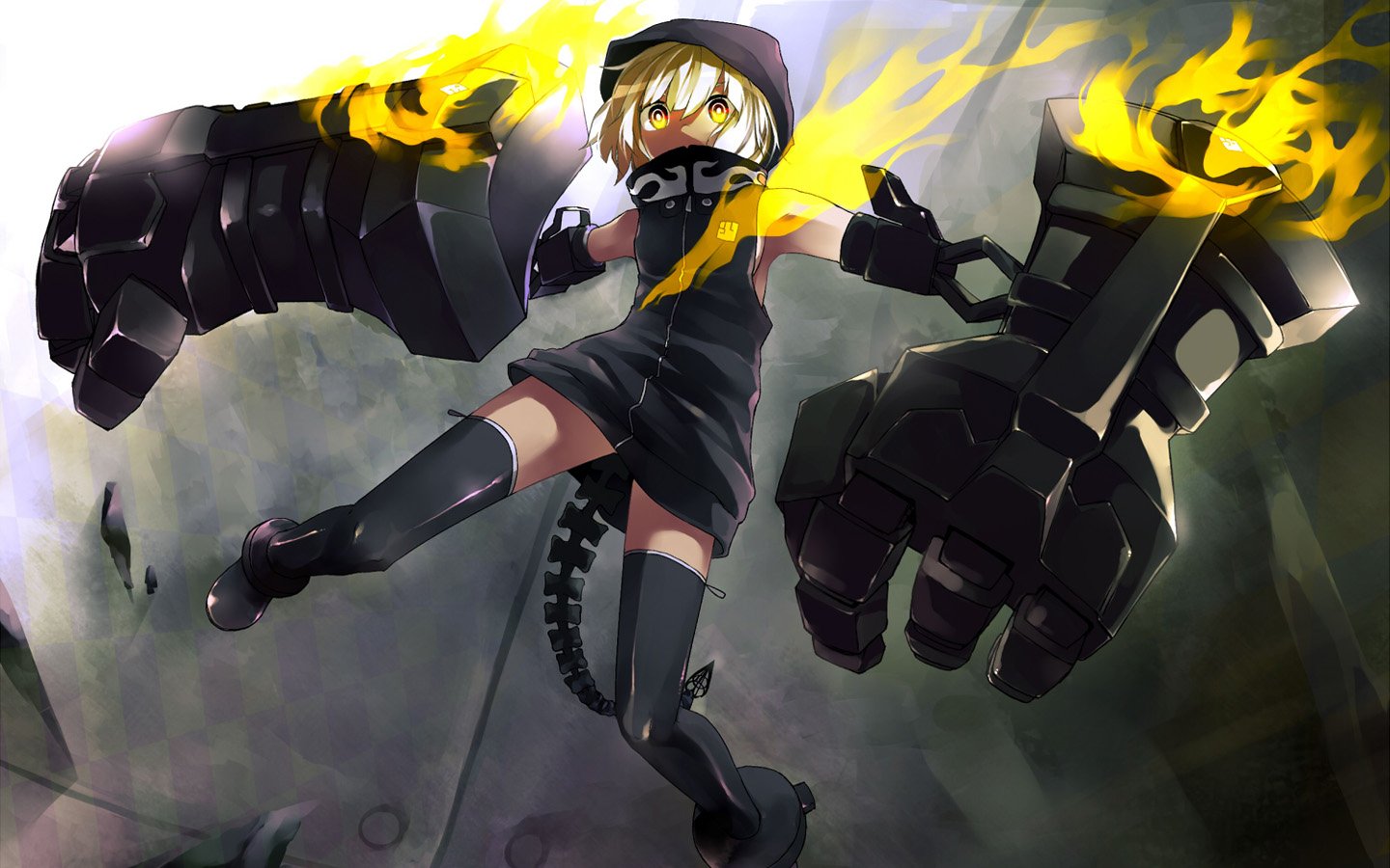 Anime-style Black Rock Shooter character named Strength, featuring oversized mechanical gloves engulfed in yellow flames, poised in a dynamic action scene.