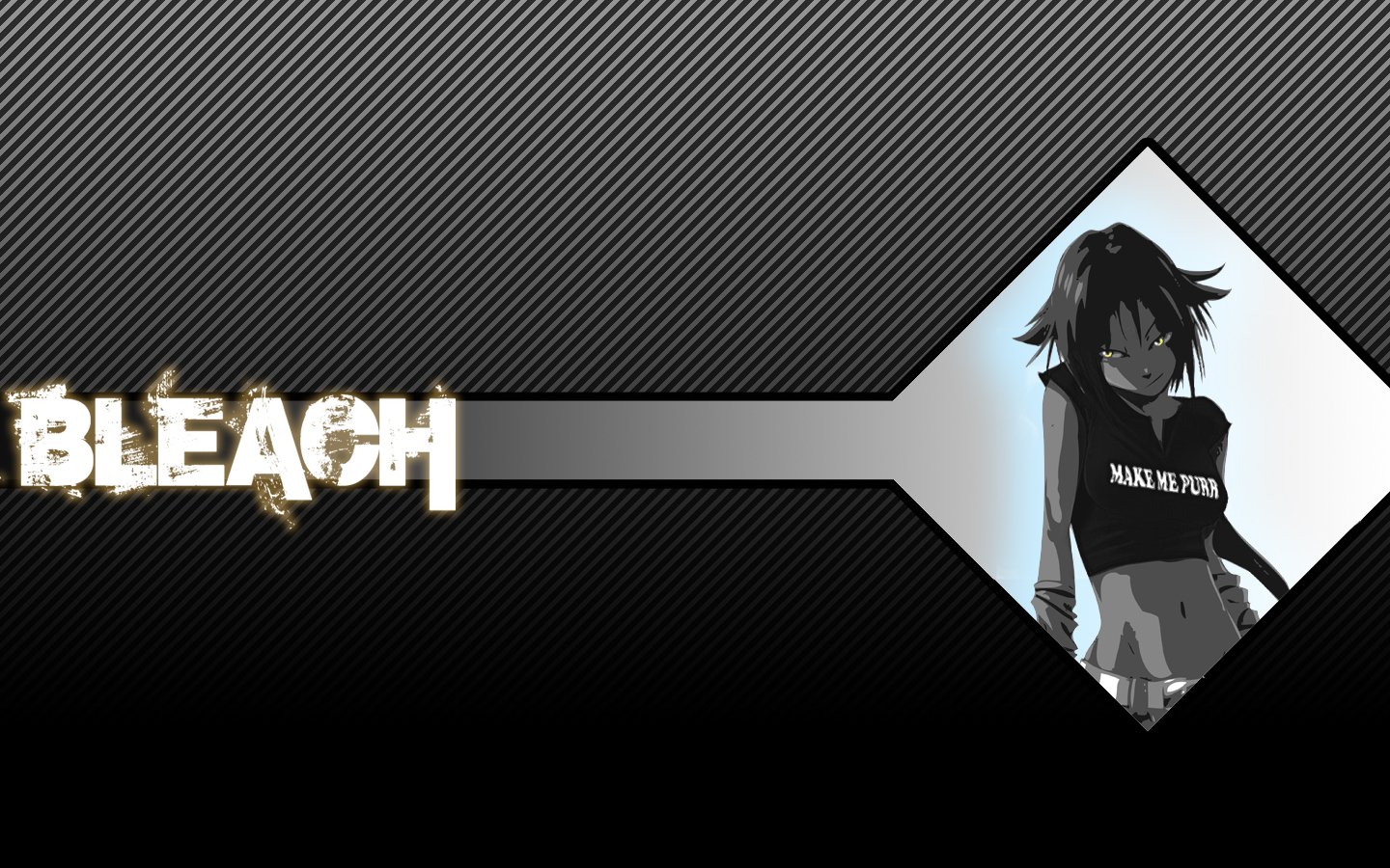 Bleach banner with logo on the left and a diamond window on the right showing anime character Yoruichi Shihôin in silhouette against a textured gray-black background.