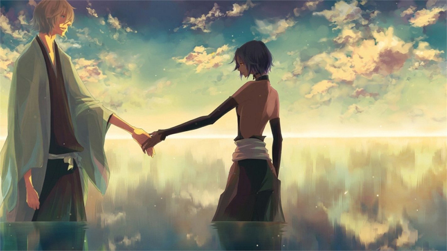 Yoruichi Shihôin and Kisuke Urahara, characters from the anime Bleach, share a tender moment against a stunning sky reflected on water, capturing their connection beautifully.