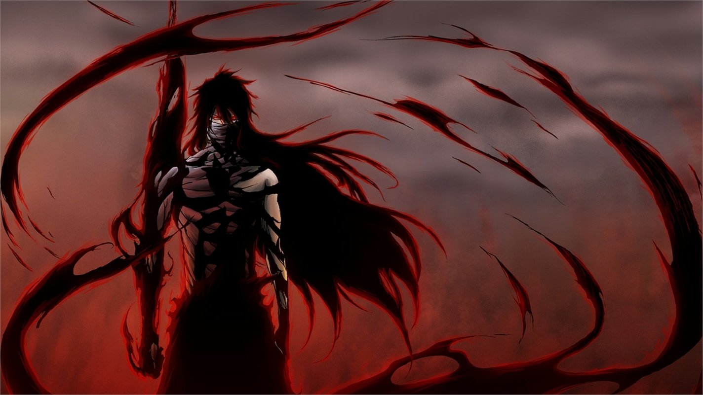 Ichigo Kurosaki stands dramatically in a dark, shadowy landscape, surrounded by swirling red energy, embodying the intense and powerful essence of the anime series Bleach.