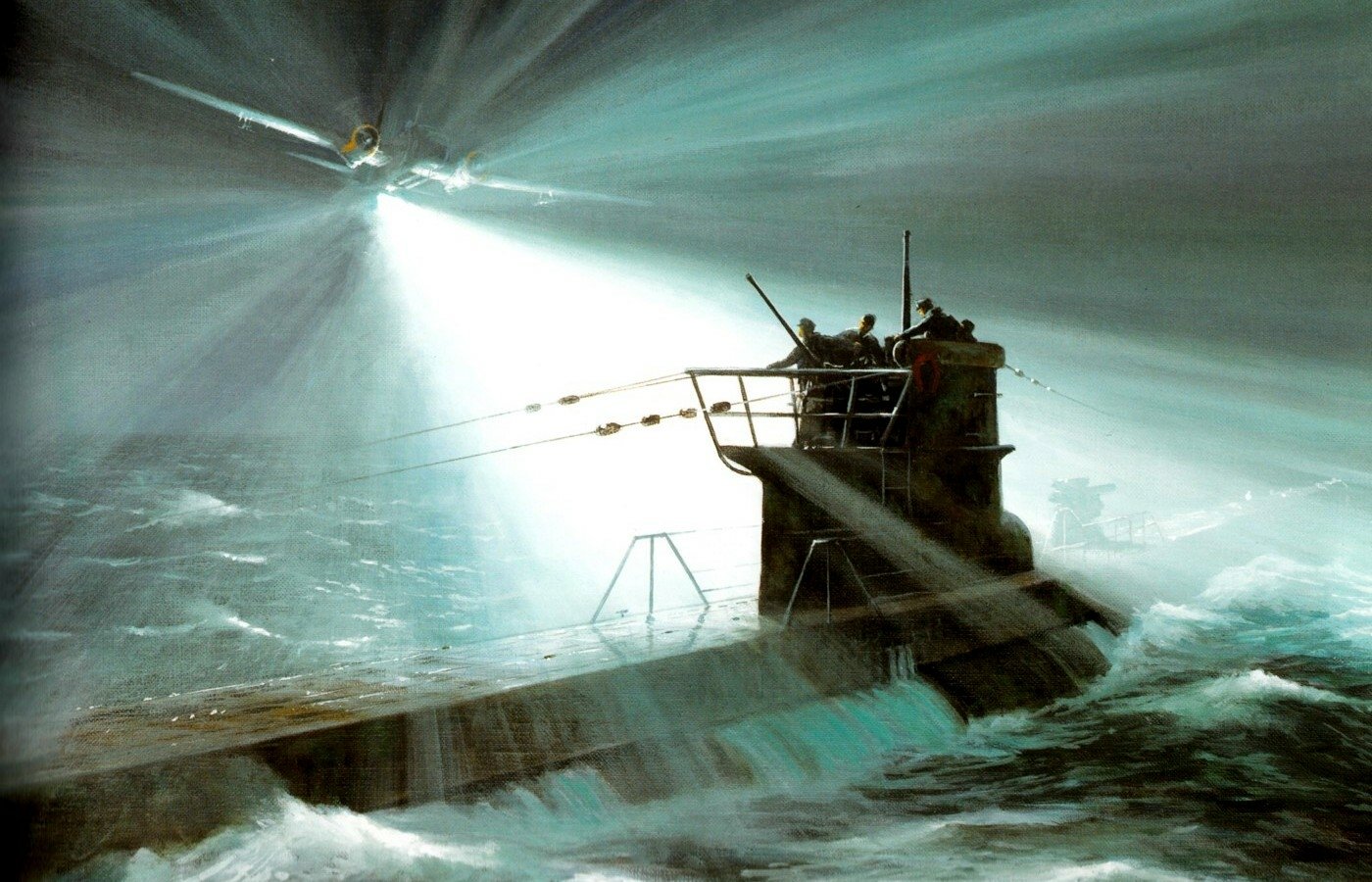 Military submarine cruising through rough waters at night, illuminated by strong searchlights cutting through the darkness and mist.
