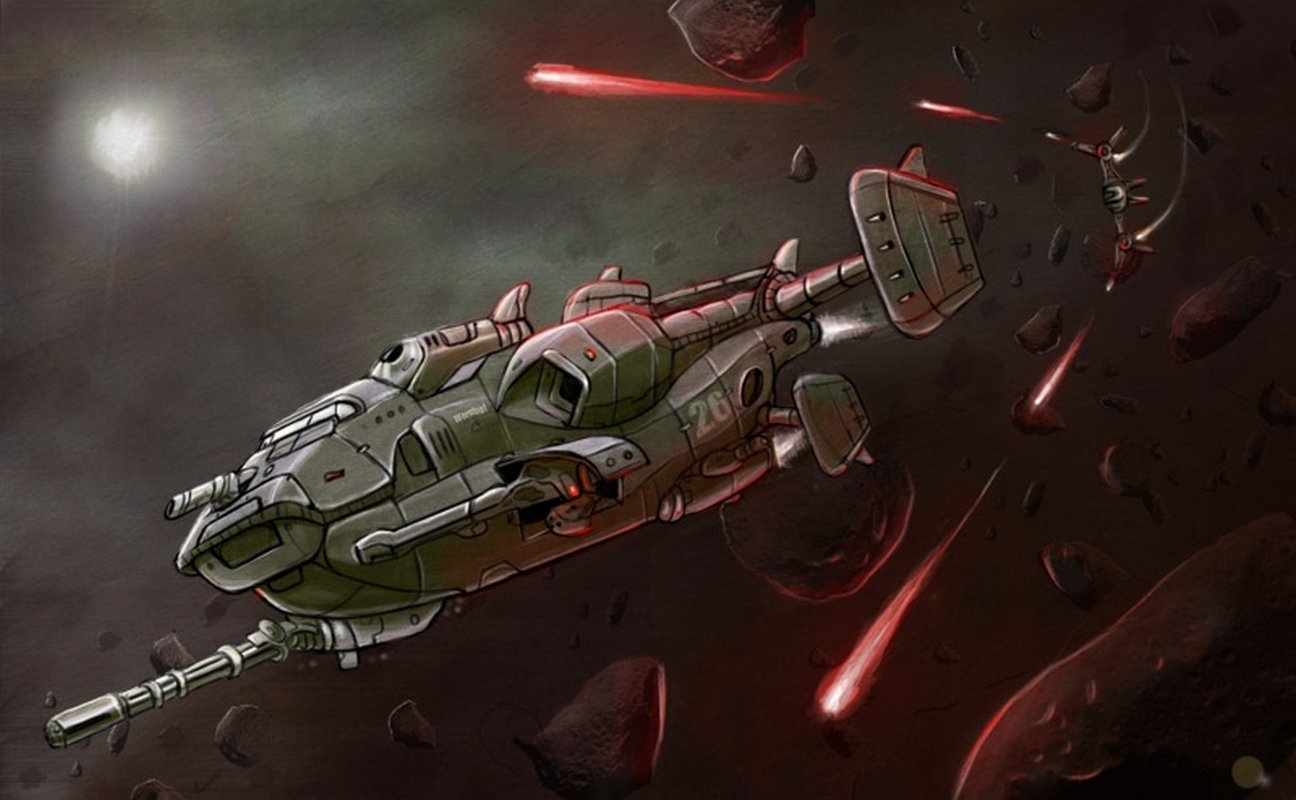 Sci-fi battle: a battered gunship fires amid an asteroid field as red laser bolts streak past and debris drifts through a smoky, star-speckled void.