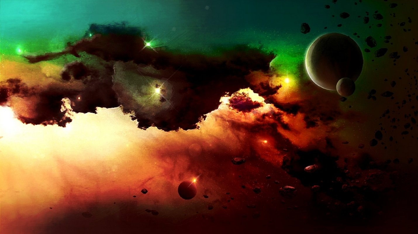 A vibrant sci-fi space scene with colorful nebula clouds, stars, and several planets set against a dark cosmic background.