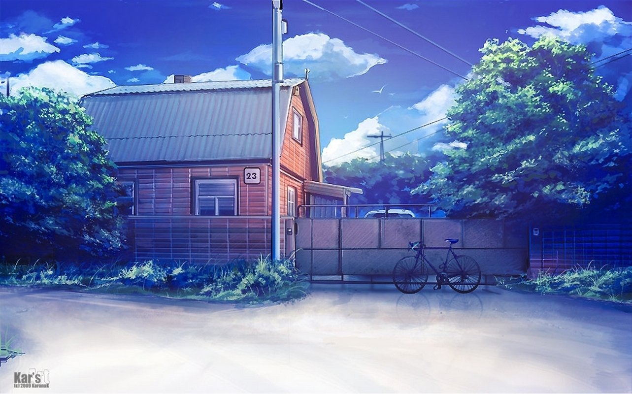 Anime-style illustration of a quiet street corner featuring a wooden building, lush green trees, and a bicycle parked by a fence under a bright blue sky.
