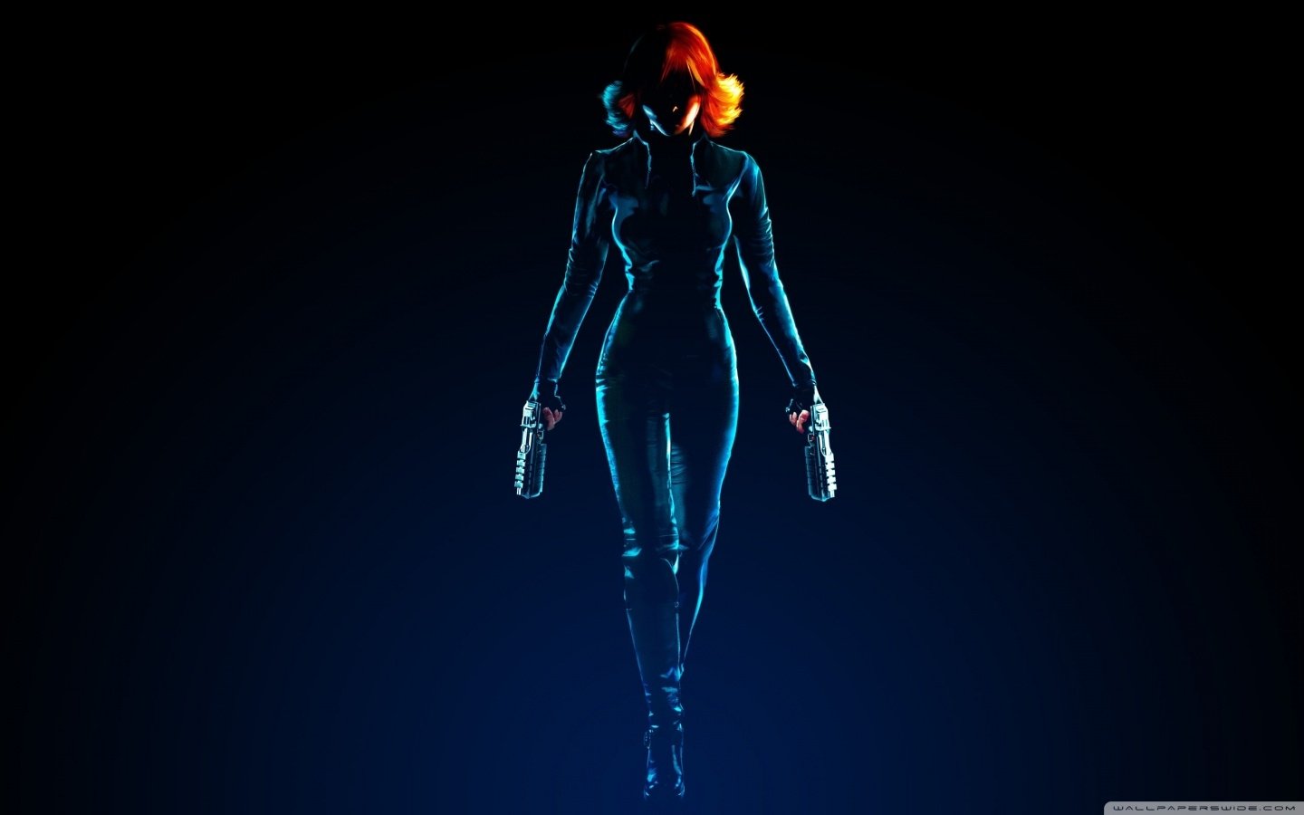 Silhouetted figure of a woman with red hair holding two guns, set against a dark background, representing the video game Perfect Dark Zero.