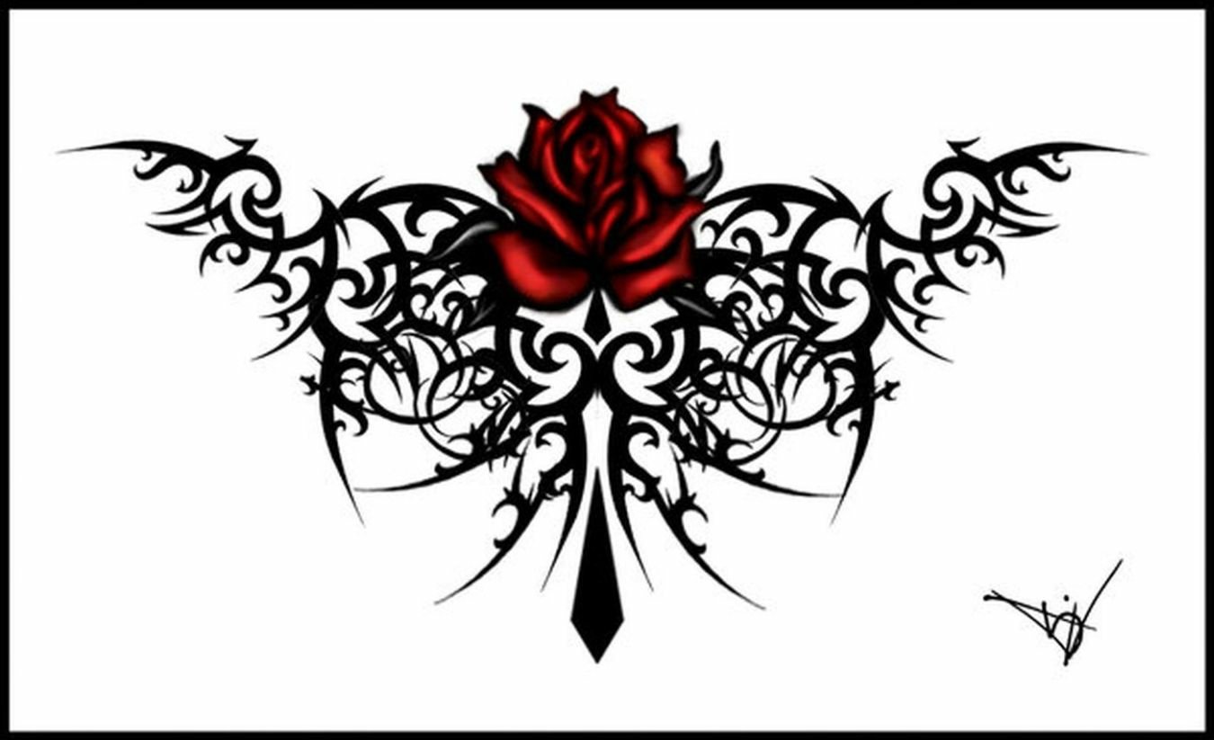 Artistic tattoo design featuring a detailed red rose centered on intricate black tribal patterns spreading symmetrically against a white background.