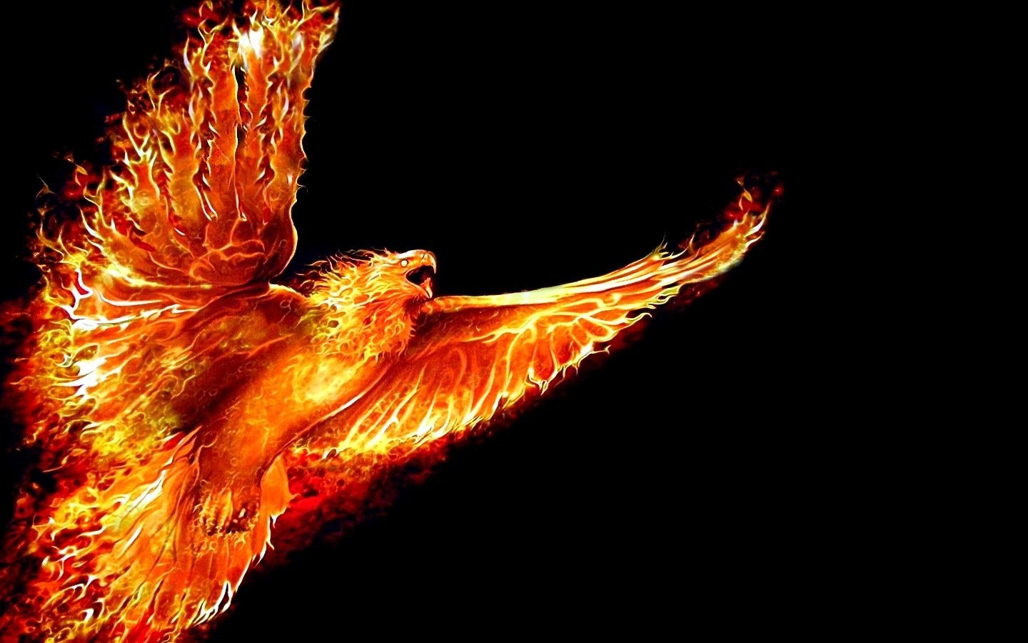 A majestic phoenix emerges from flames, its wings spread wide in a fiery display against a dark backdrop, embodying the essence of fantasy and rebirth.