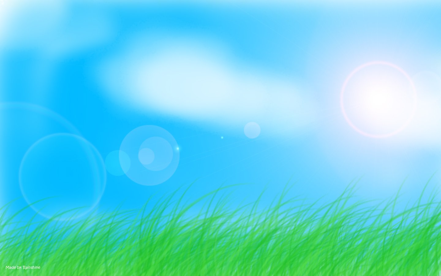 Bright sun shines over green grass under a clear blue sky, captured in an artistic representation of nature.