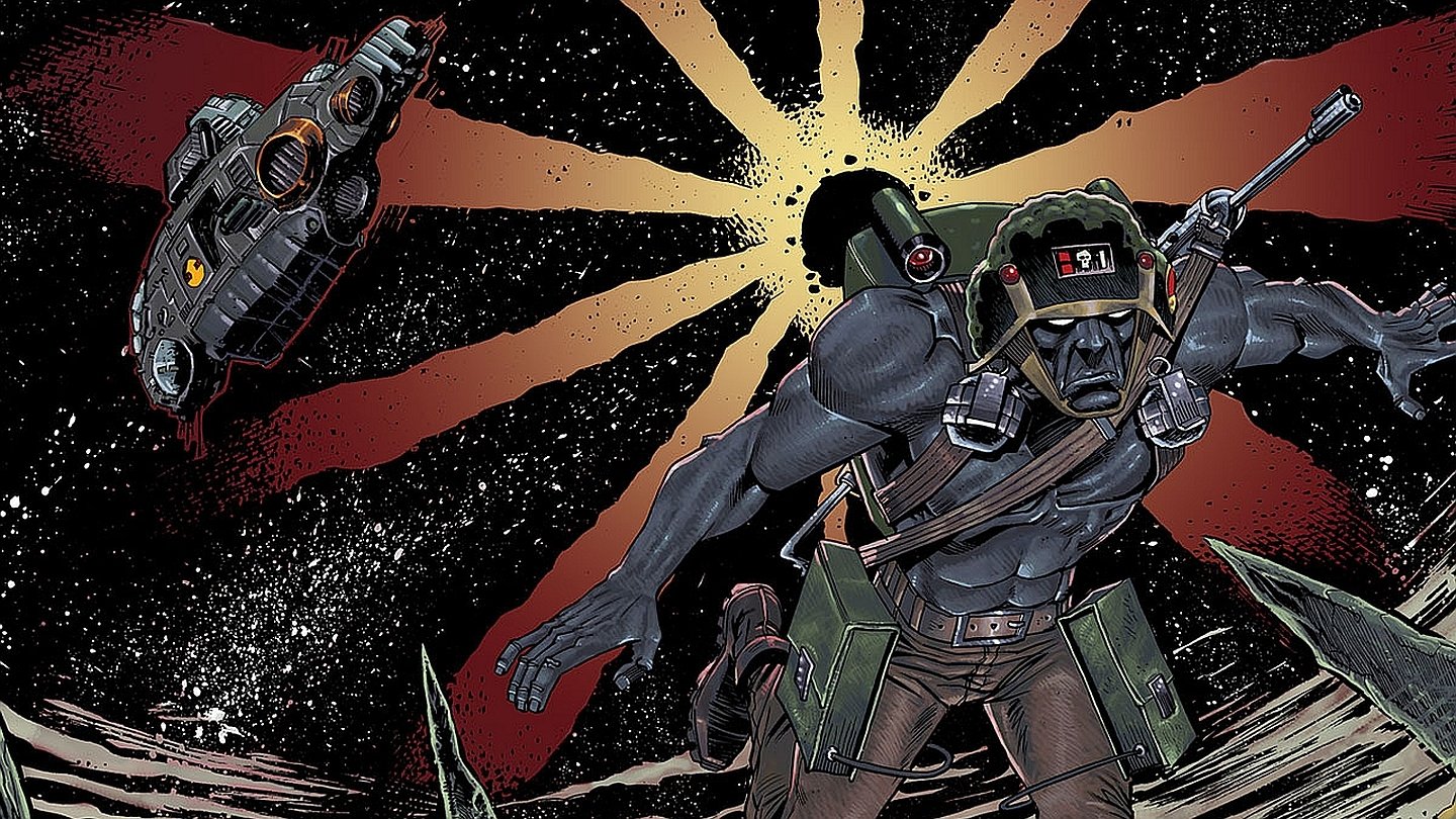 Comic illustration of Rogue Trooper leaping across a jagged alien battlefield, blaster in hand, a dropship overhead and a starburst explosion lighting the sky.