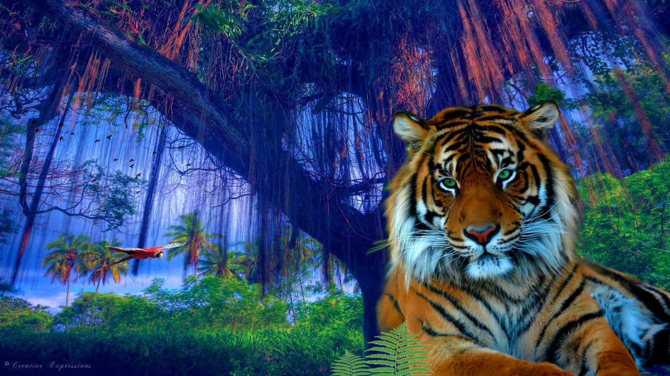 A vibrant jungle scene features a majestic tiger resting in the foreground, alongside a colorful parrot flying near a towering tree, capturing the beauty of wildlife.