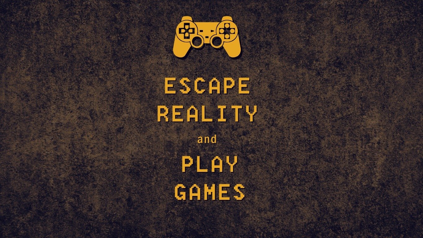 Misc statement — gold gamepad icon above pixelated text ESCAPE REALITY and PLAY GAMES on a grungy dark textured background.