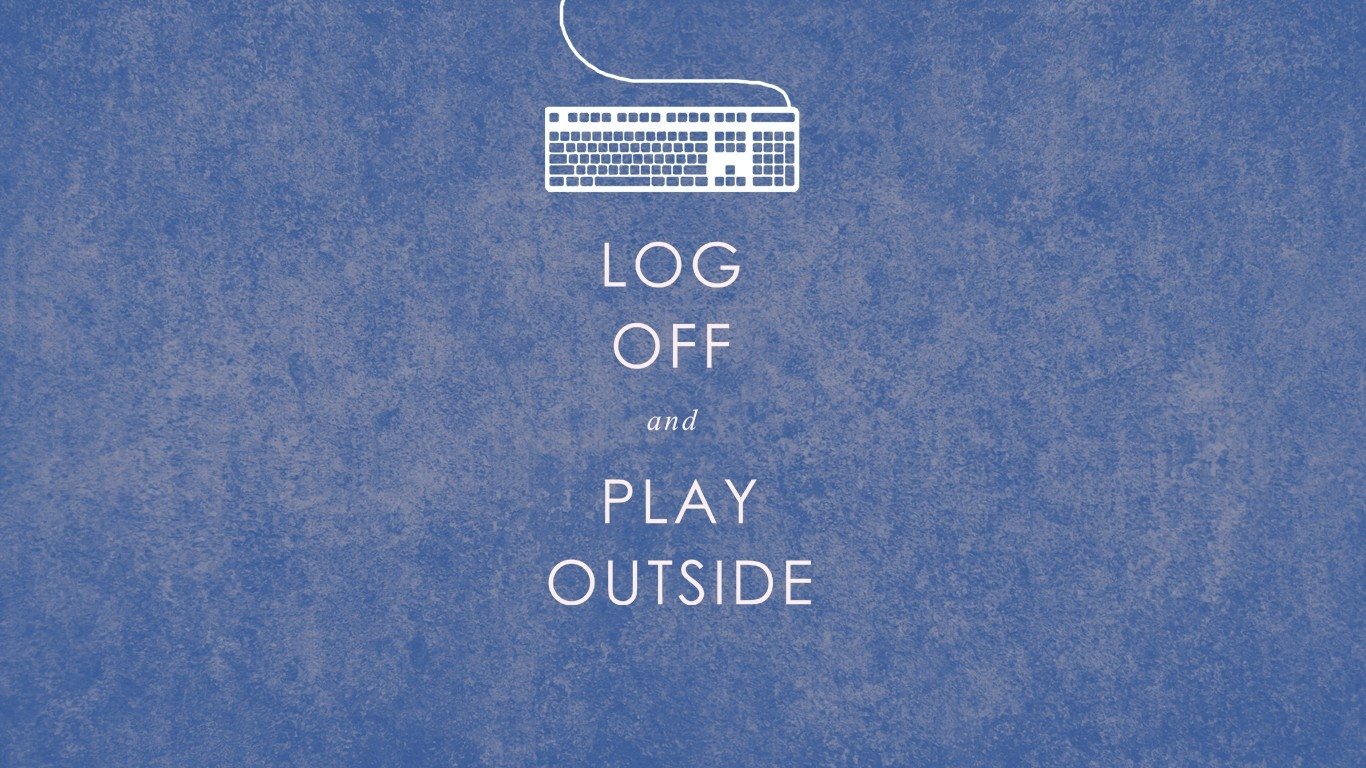 Misc statement featuring a keyboard graphic with the message: Log off and play outside on a textured blue background.