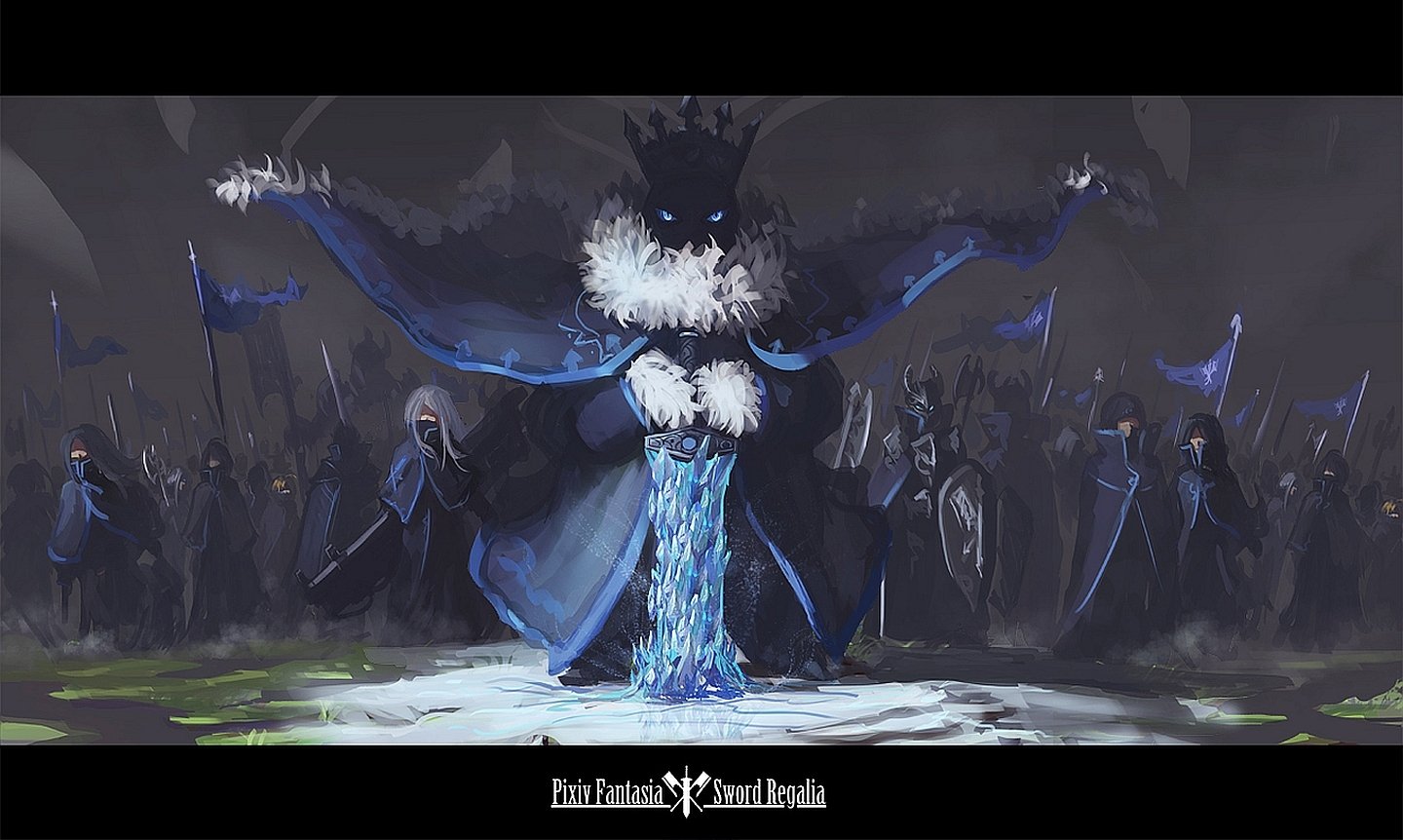 Anime-style Pixiv Fantasia: a crowned ice queen in a dark blue fur-trimmed gown raises her arms as an icy waterfall pours from her skirt, flanked by armored soldiers in fog.