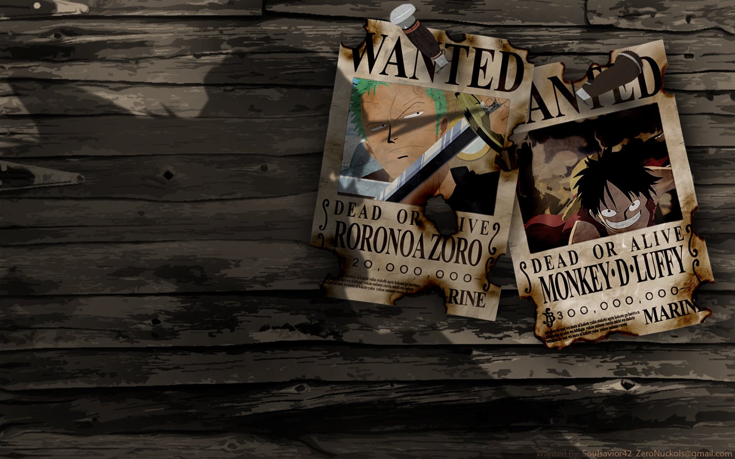 A wooden wall with two worn Wanted posters from the anime One Piece, featuring the characters Roronoa Zoro and Monkey D. Luffy.