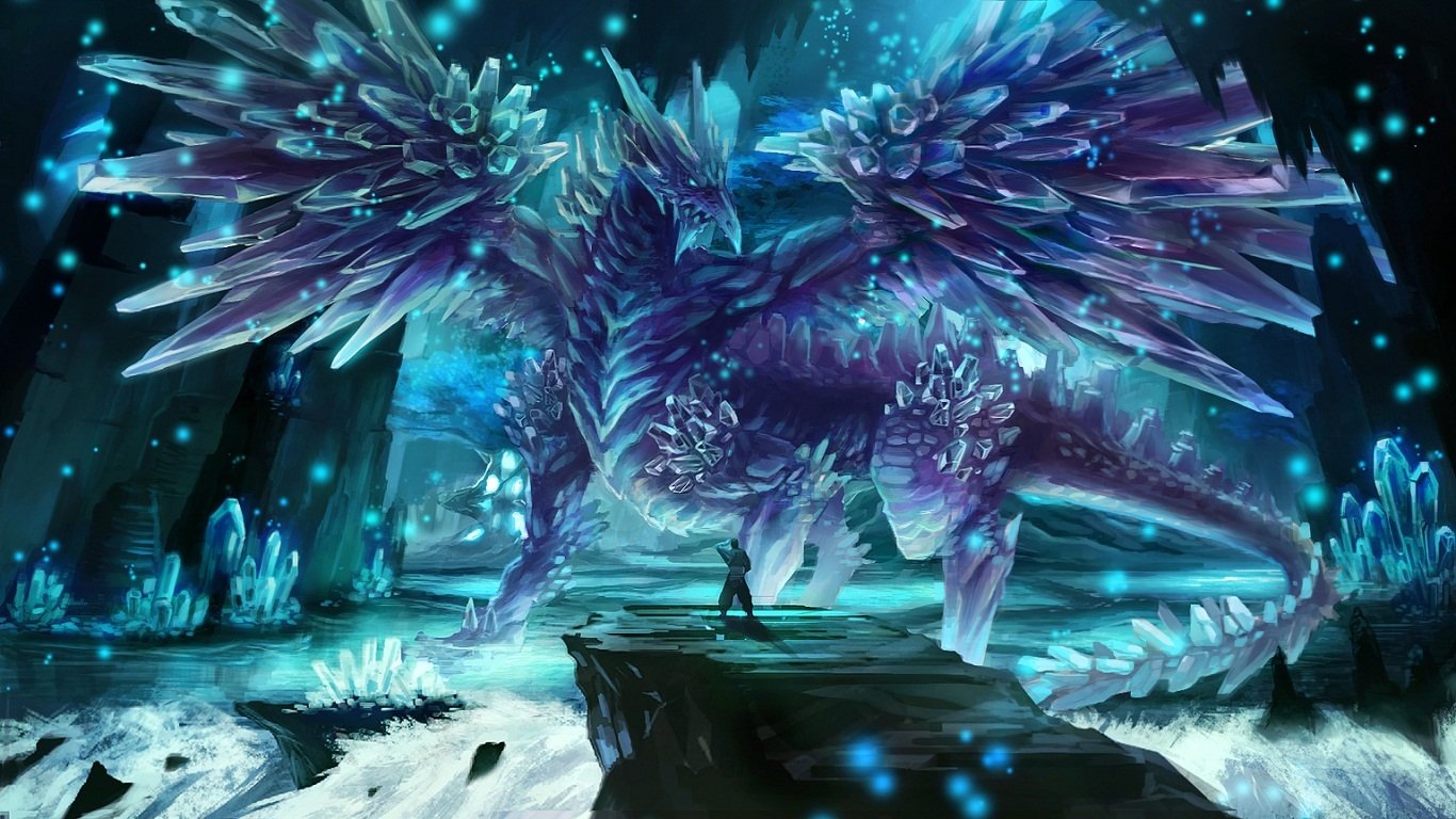 A majestic dragon with crystalline wings towers over a figure in a mystical cave, illuminated by shimmering blue lights, embodying the essence of fantasy.