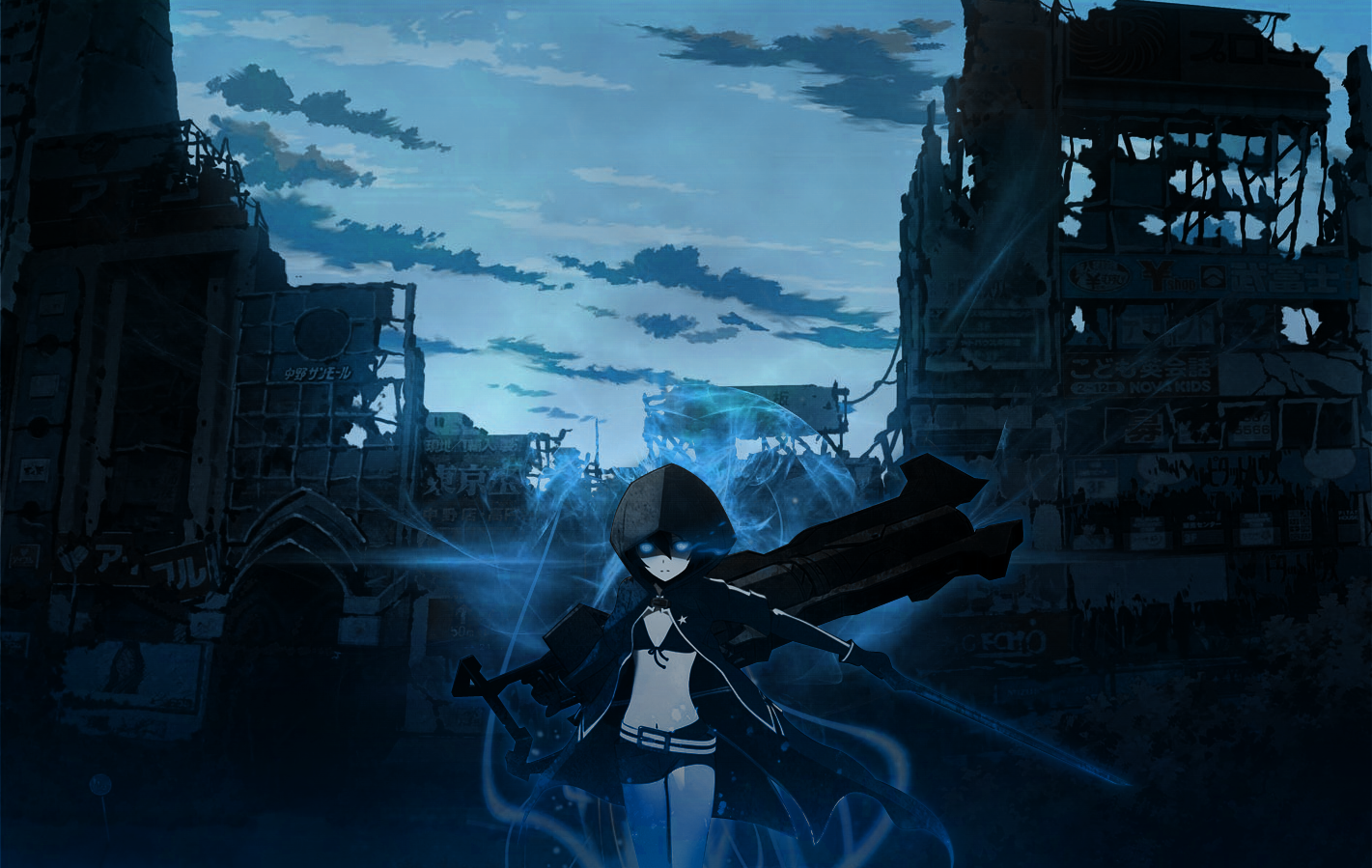 A dark, atmospheric scene featuring Black Rock Shooter standing in a desolate cityscape with ruins, surrounded by a blue glow that enhances the dramatic backdrop.