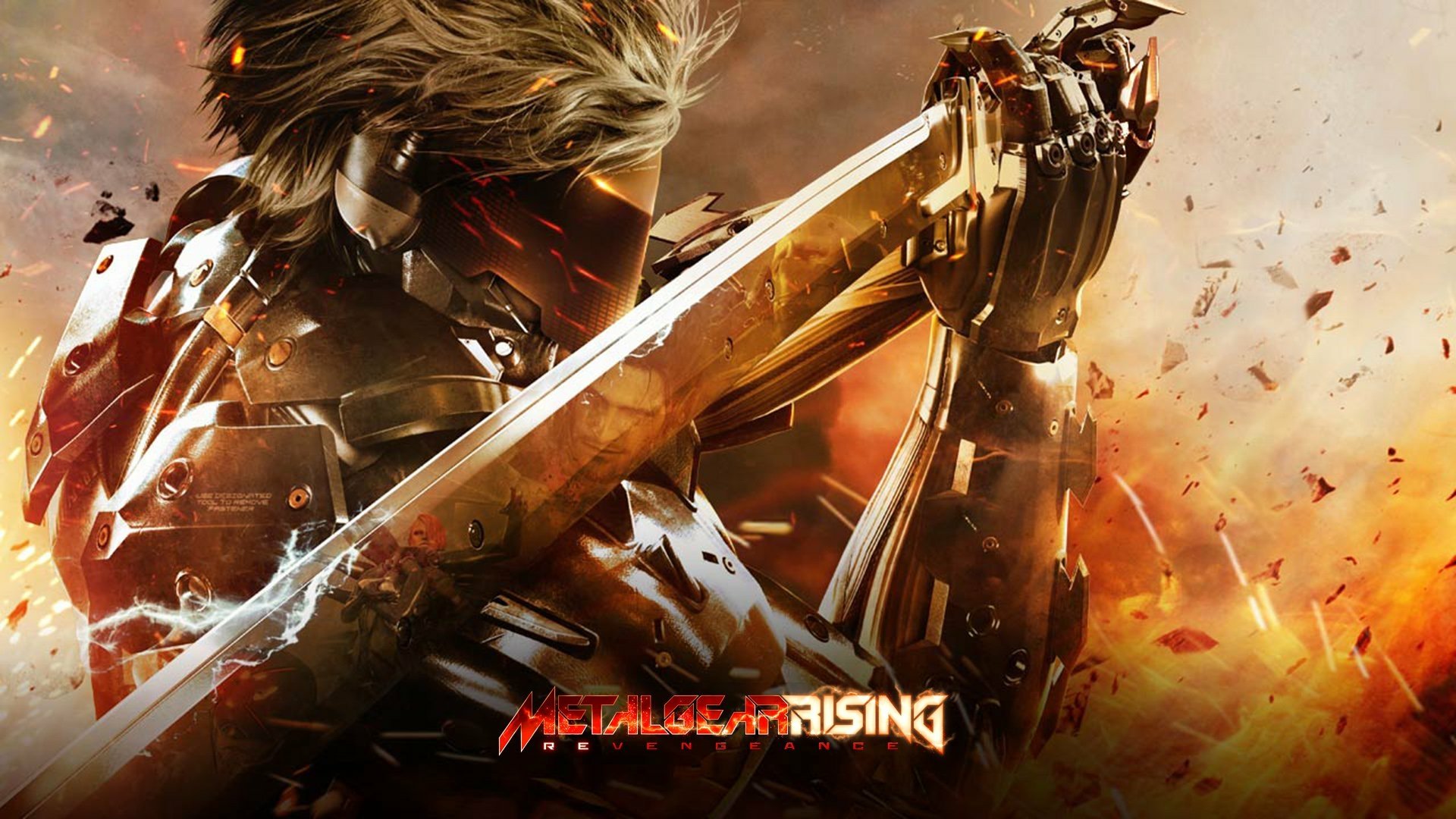 Raiden, a cyborg swordsman from the video game Metal Gear Rising: Revengeance, brandishes a glowing katana amid sparks, debris, and a fiery battlefield.