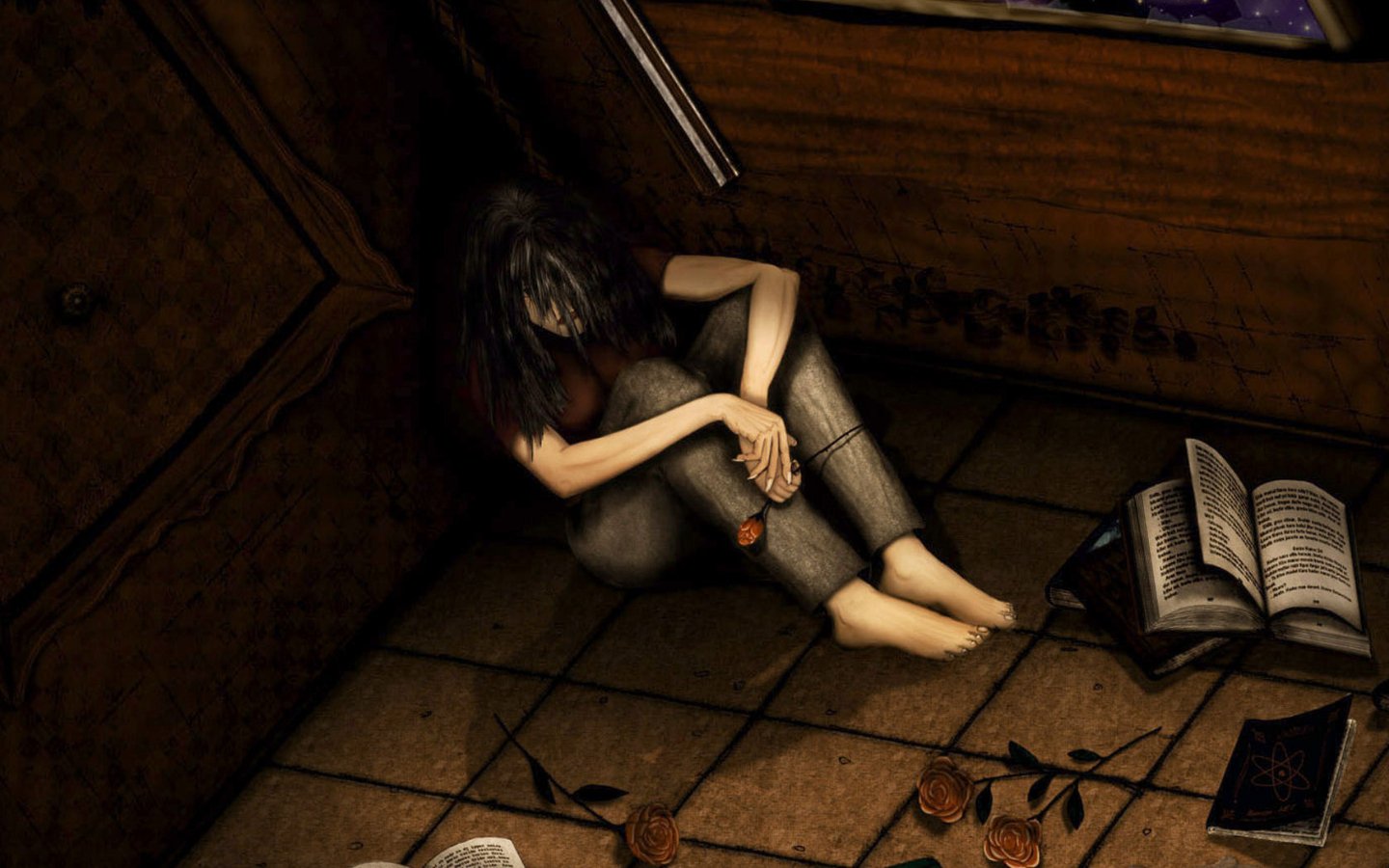 A lonely woman sits in a dark corner, surrounded by fallen leaves and open books, embodying sadness as she clutches a rose, lost in her thoughts.