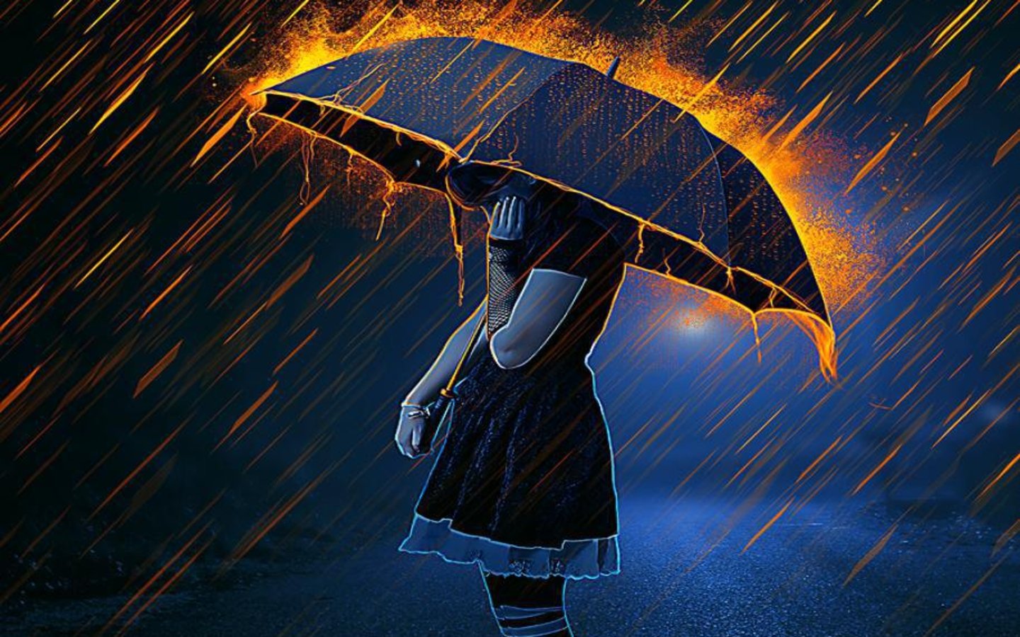 Fiery Umbrella: Anime Woman Dancing in the Rain