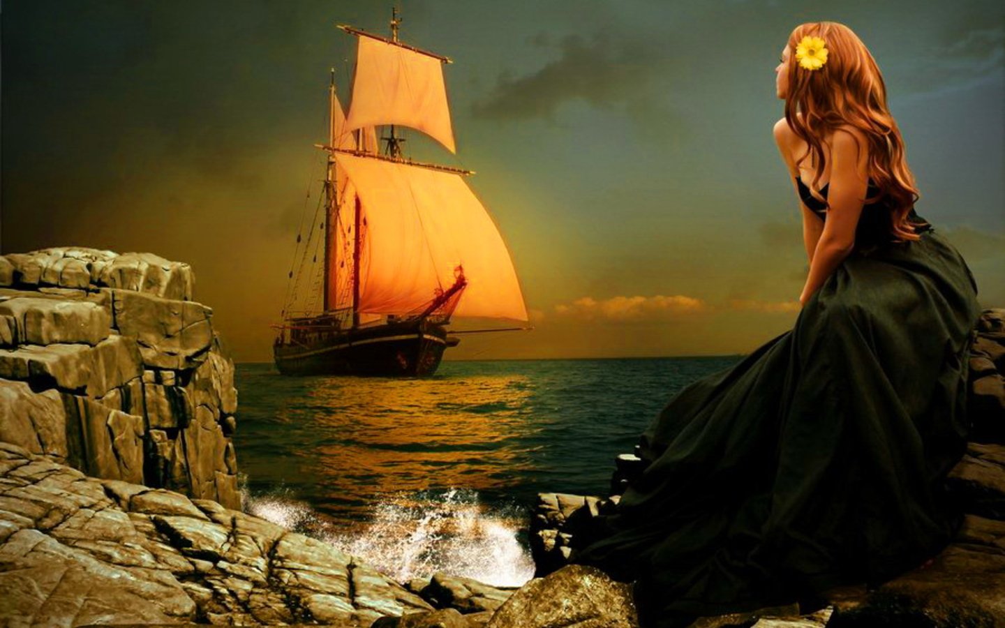 A woman with flowing hair adorned with a flower gazes at a distant ship on the shimmering sea, surrounded by dramatic cliffs under a fantasy sunset sky.