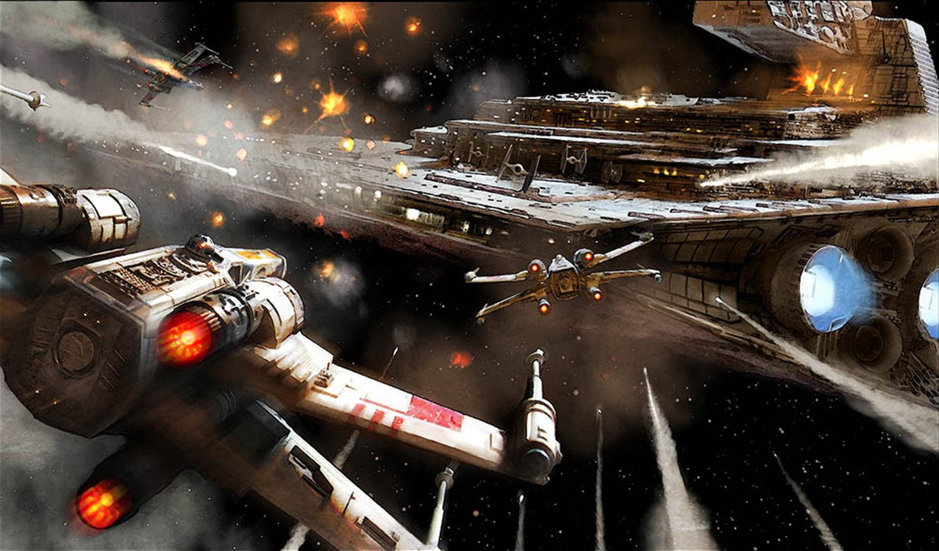 An X-Wing fighter engages in battle against a massive Star Destroyer amidst a vibrant sci-fi backdrop, capturing the essence of the Star Wars universe.