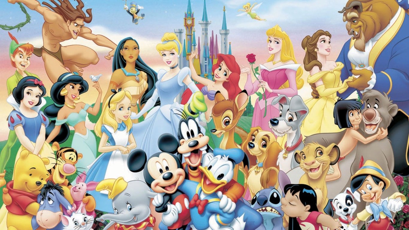 A vibrant collage of beloved Disney characters, including princesses, animals, and classic figures, set against a whimsical backdrop featuring Cinderella's castle.