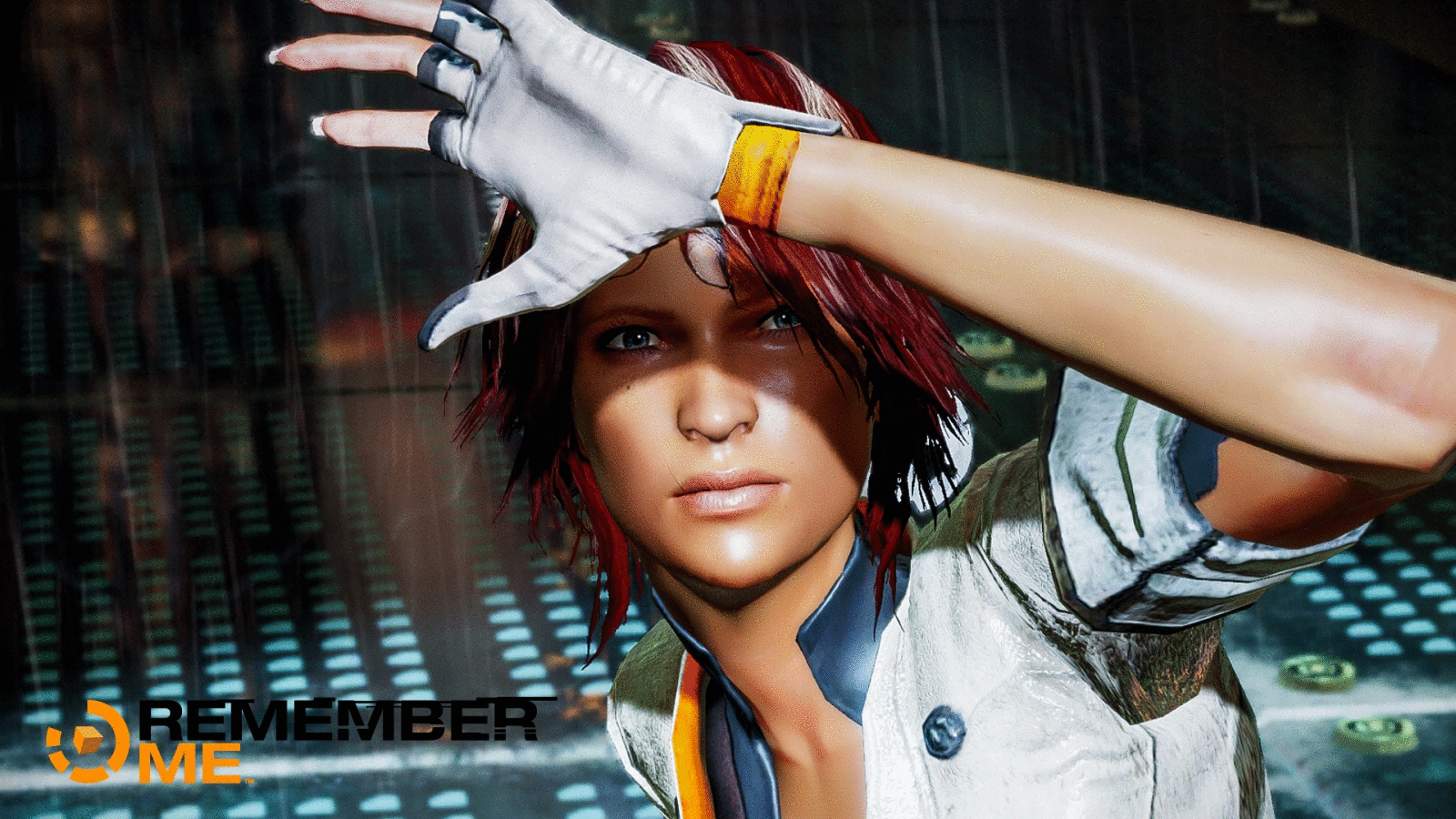 Nilin, the protagonist from the video game Remember Me, shields her eyes from bright light with her hand while standing in a futuristic setting.