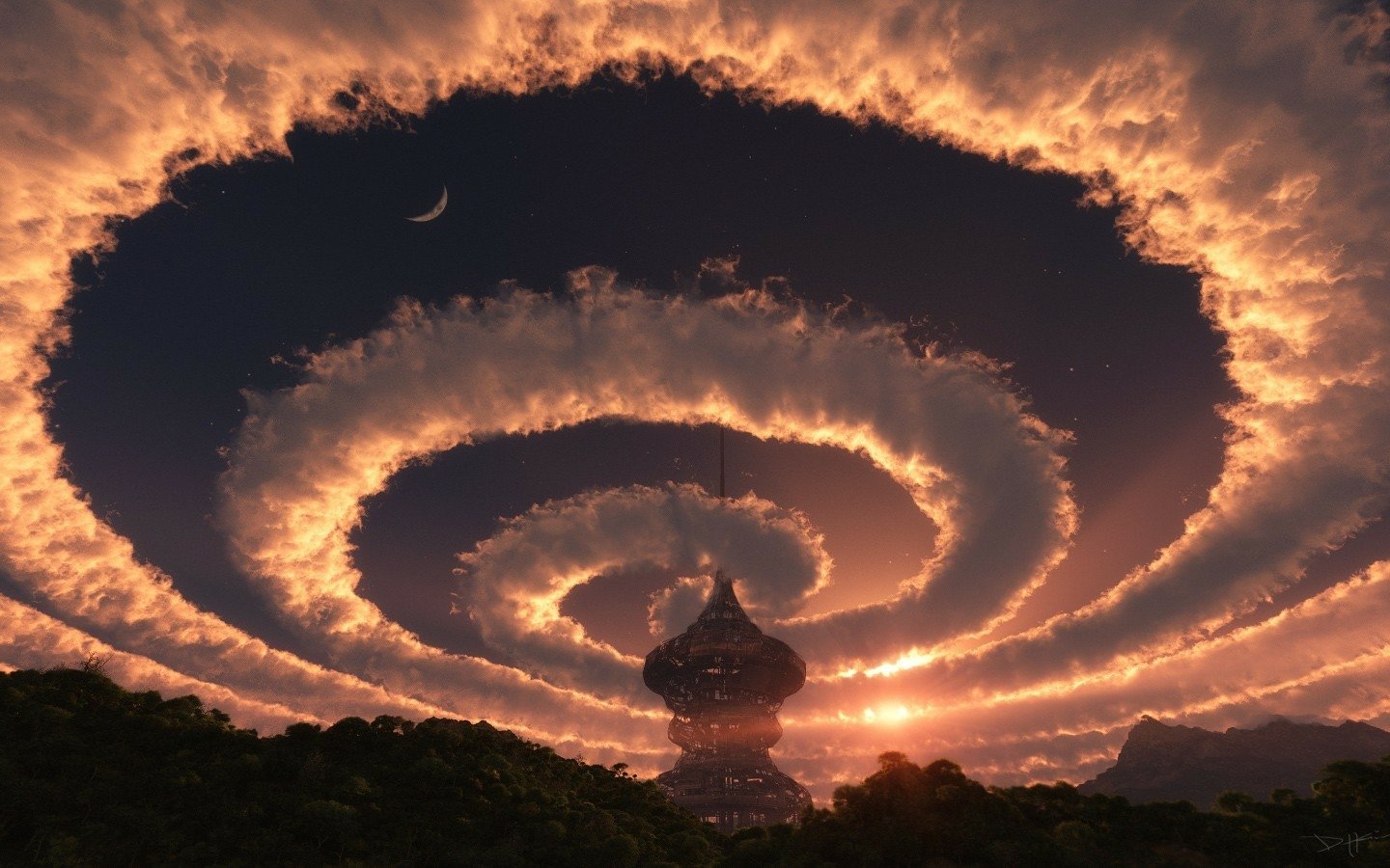 A magical tower rises amidst lush nature, enveloped by swirling clouds at sunset, creating a dreamy world filled with wonder and serenity.