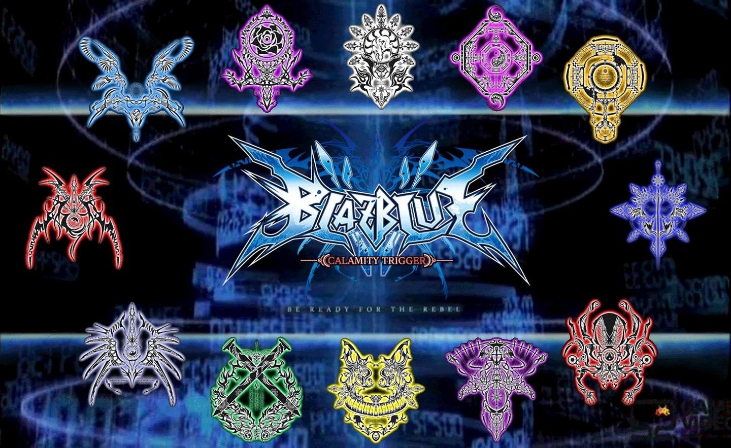 BlazBlue: Calamity Trigger video game logo centered among colorful character emblems and ornate icons on a dark, techno‑mystical background.