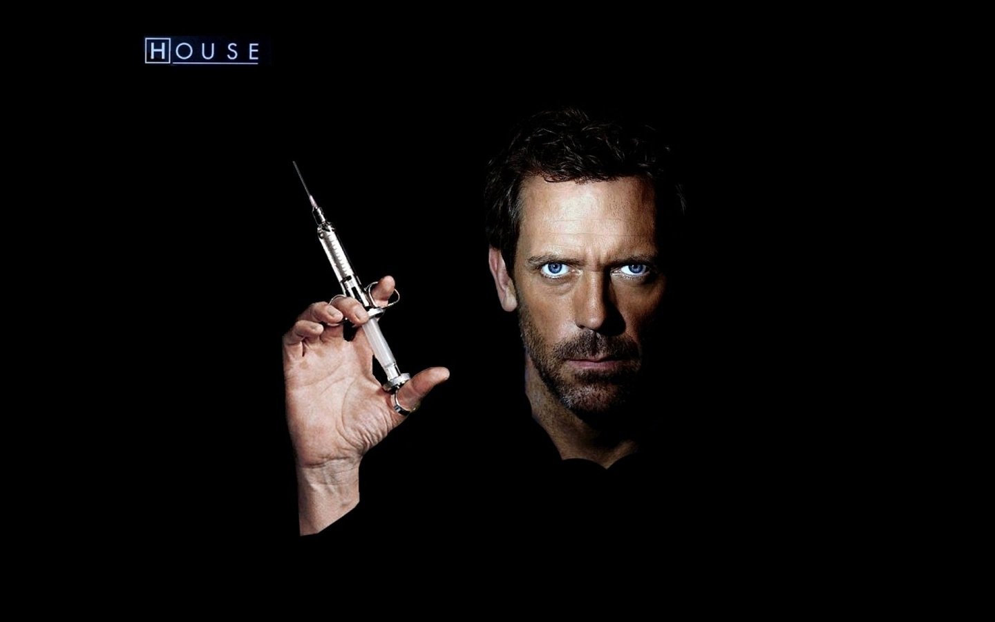 Hugh Laurie as Gregory House from the TV show House, holding a syringe against a dark background with the show's title displayed.