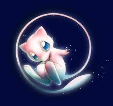A glowing, ethereal depiction of Mew, a Pokémon character, floating inside a softly illuminated ring against a dark background, capturing a magical video game aesthetic.