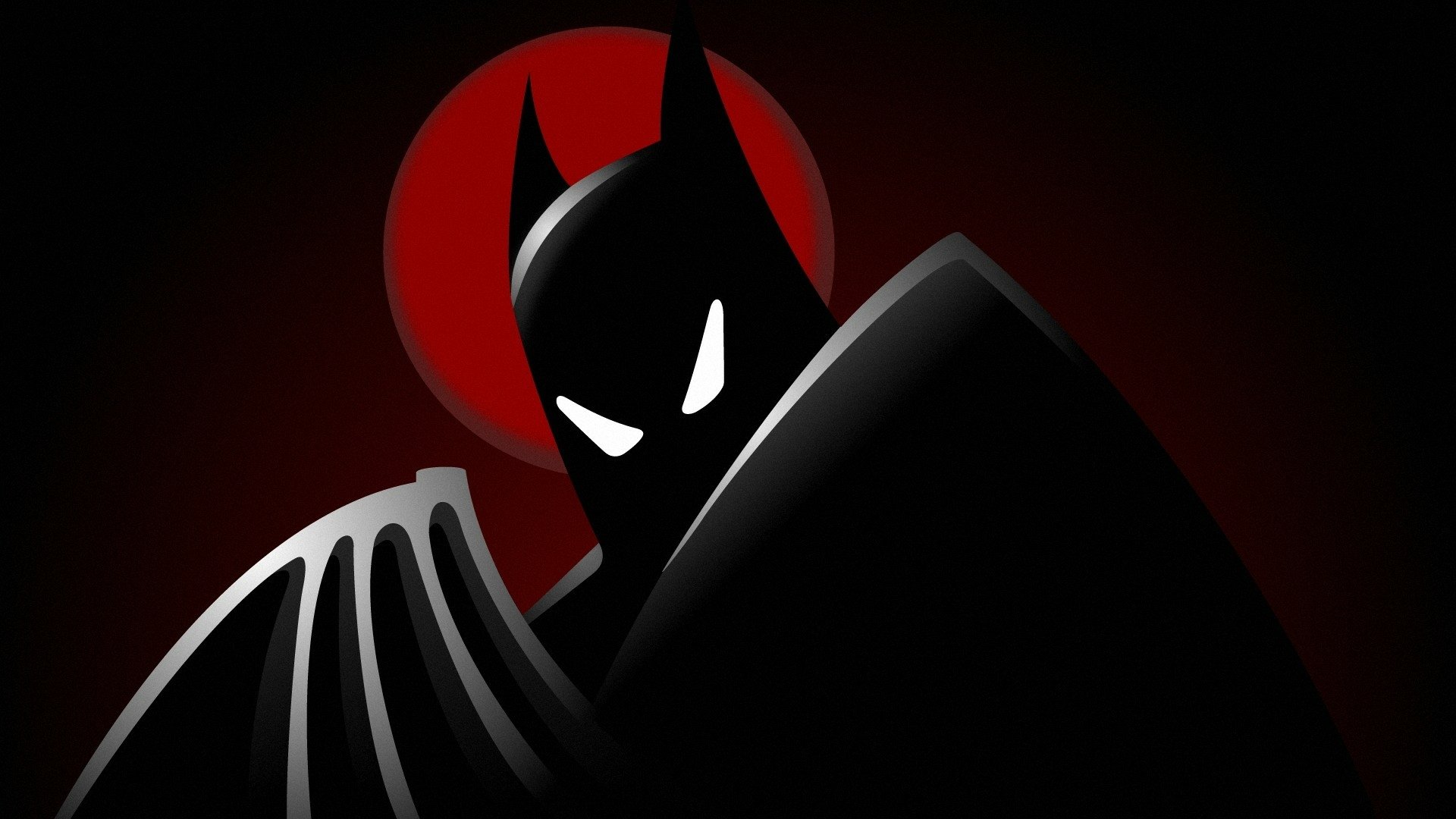 A stylized depiction of Batman from the iconic TV show Batman: The Animated Series, featuring his signature dark silhouette against a bold red background.