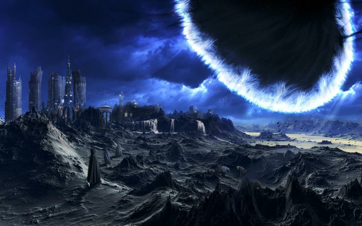 A dramatic sci-fi scene featuring a desolate landscape with dark structures, set against a swirling black hole in a stormy blue sky, creating an eerie, otherworldly atmosphere.