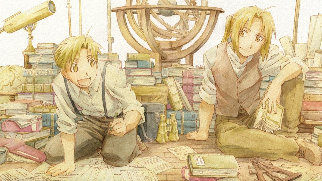 Alphonse and Edward Elric from Fullmetal Alchemist are surrounded by books and scientific instruments, engaged in deep discussion in a cozy, cluttered study.