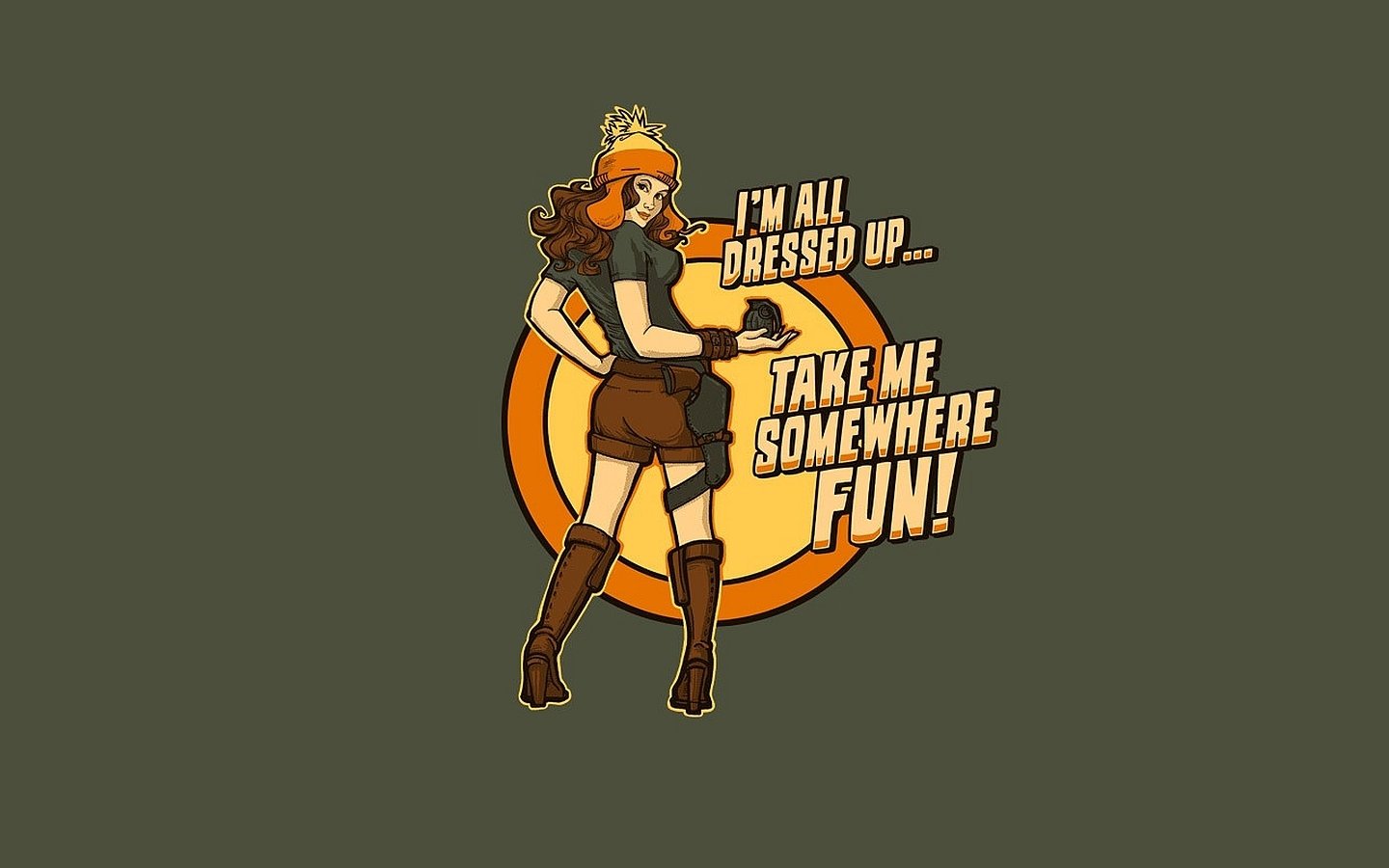 Pin-up style Firefly (TV Show) graphic: woman in brown cargo outfit and cap before an orange circle, captioned I'm all dressed up... Take me somewhere fun!