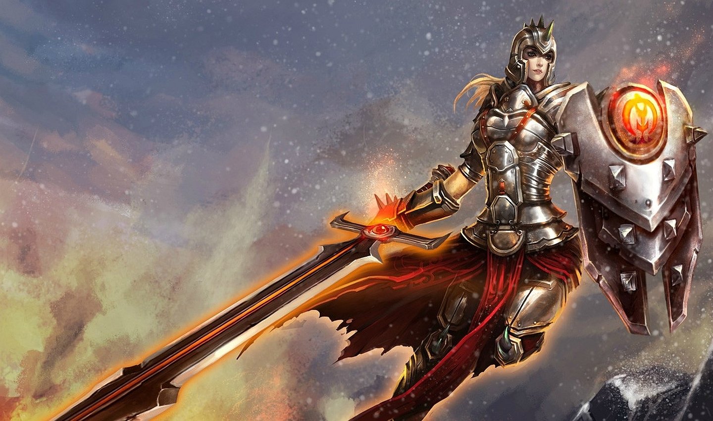 Leona from League of Legends in solar armor, wielding a glowing sword and shield, charging through a fiery sky - video game splash art.
