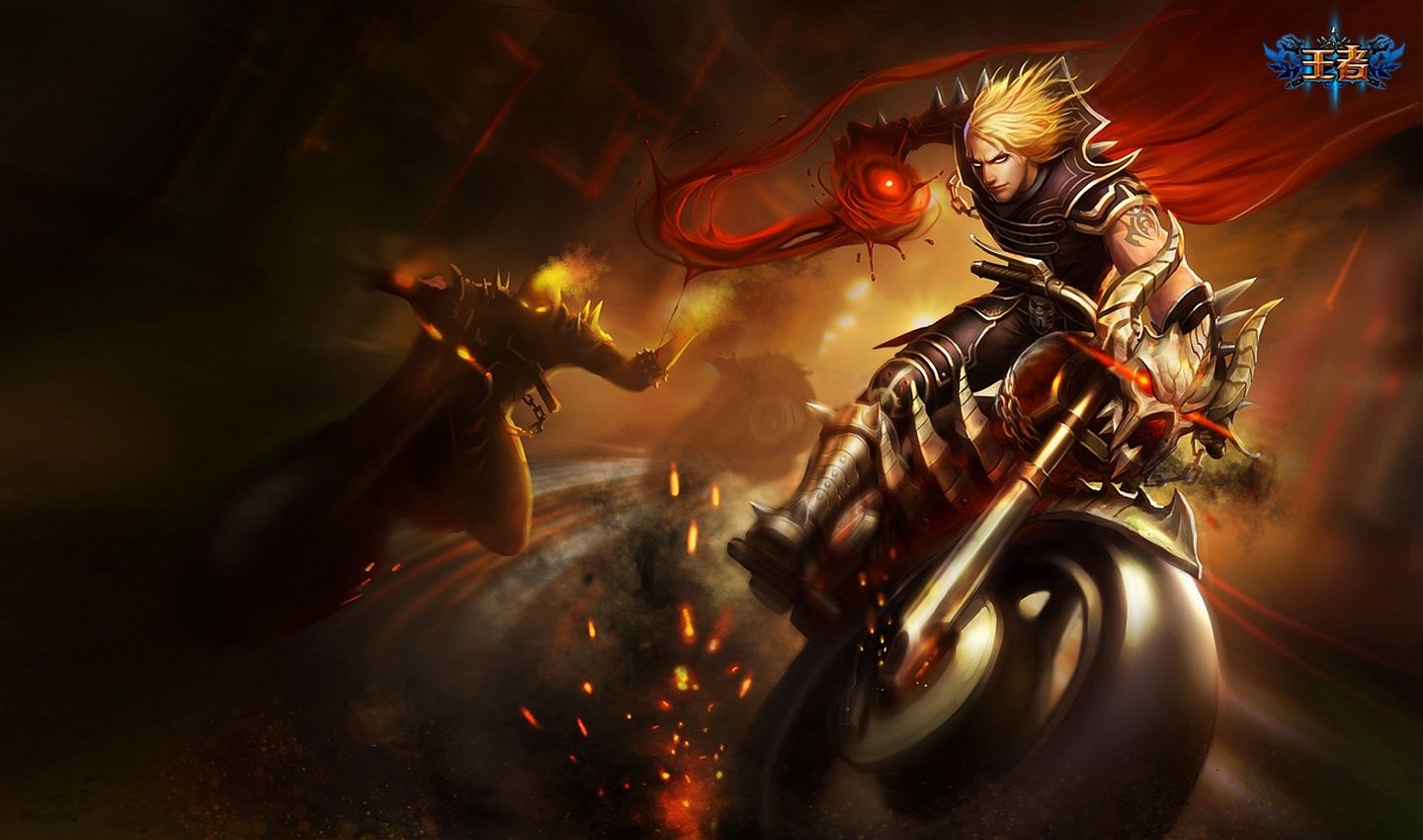 Vladimir from League of Legends rides a motorcycle, showcasing his dynamic character design with a fiery aura and dramatic cape in this striking video game artwork.