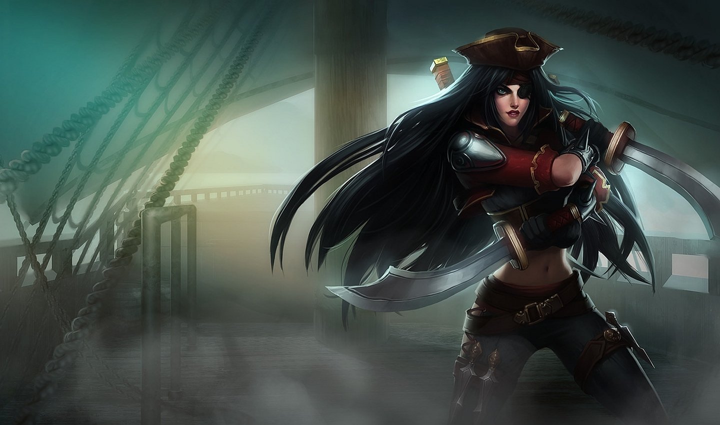 Katarina, a character from the video game League of Legends, stands ready with blades aboard a misty ship deck.