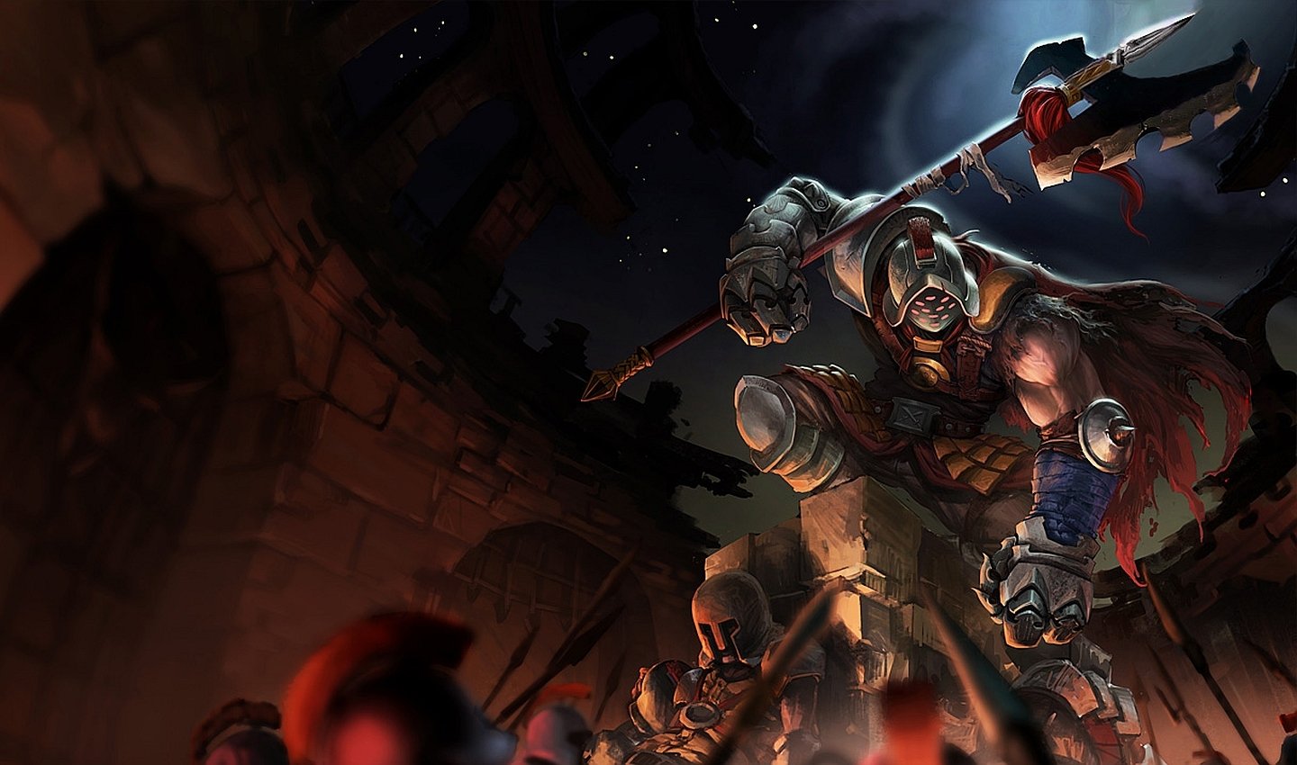 Jax from League of Legends stands triumphantly in a dark, atmospheric setting, wielding a weapon as he prepares to confront his foes in this dynamic video game scene.