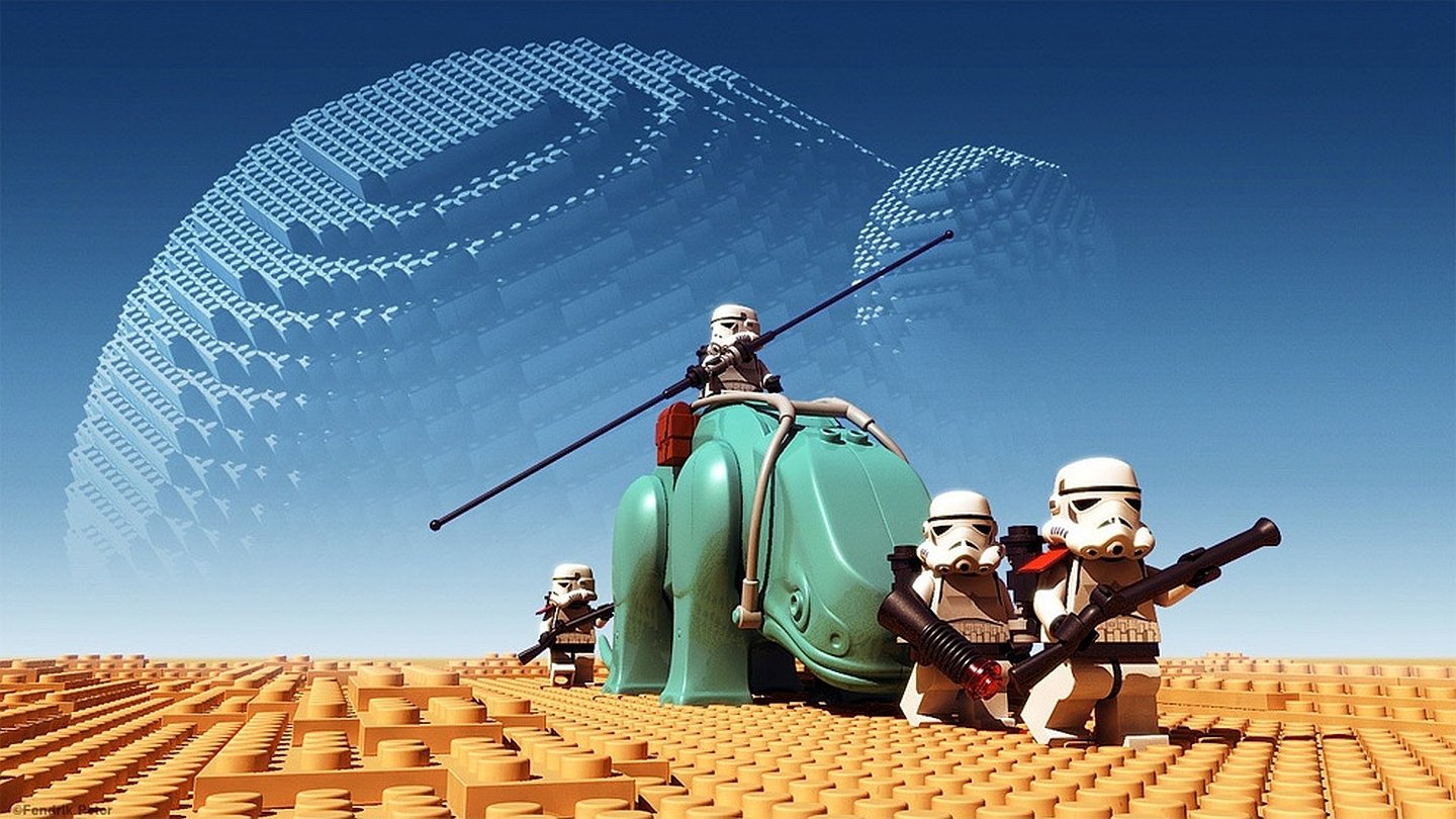 A group of LEGO stormtroopers maneuvering across a sandy landscape, one riding a green creature, with a large, stylized dome structure in the sky.