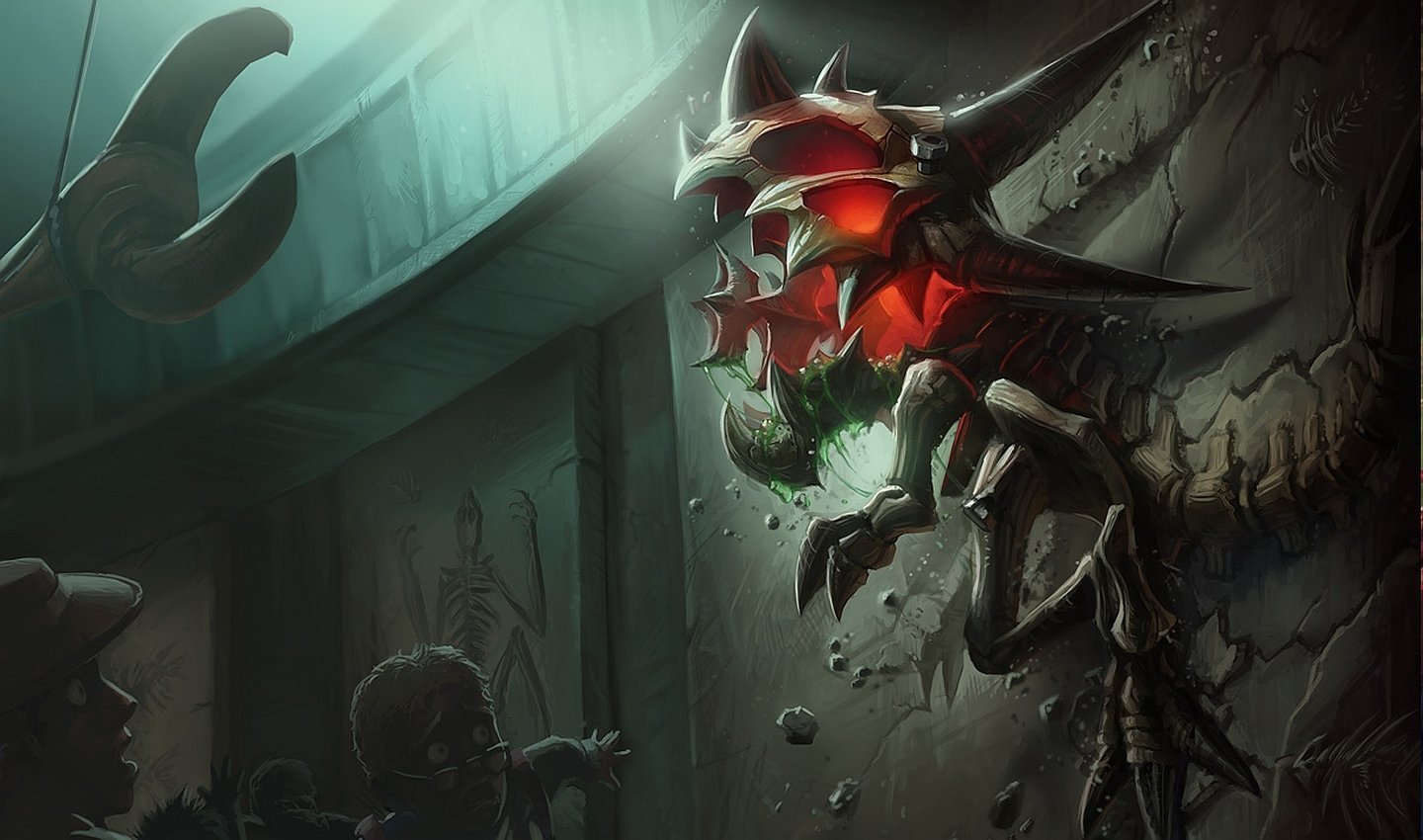 Kog'Maw from League of Legends bursts through a cracked wall, glowing red maw and green drool in a dark corridor — video game artwork.