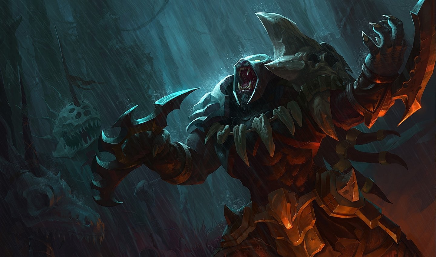 A dynamic depiction of Rengar from League of Legends, showcasing his fierce presence and detailed design in a dark, atmospheric setting.